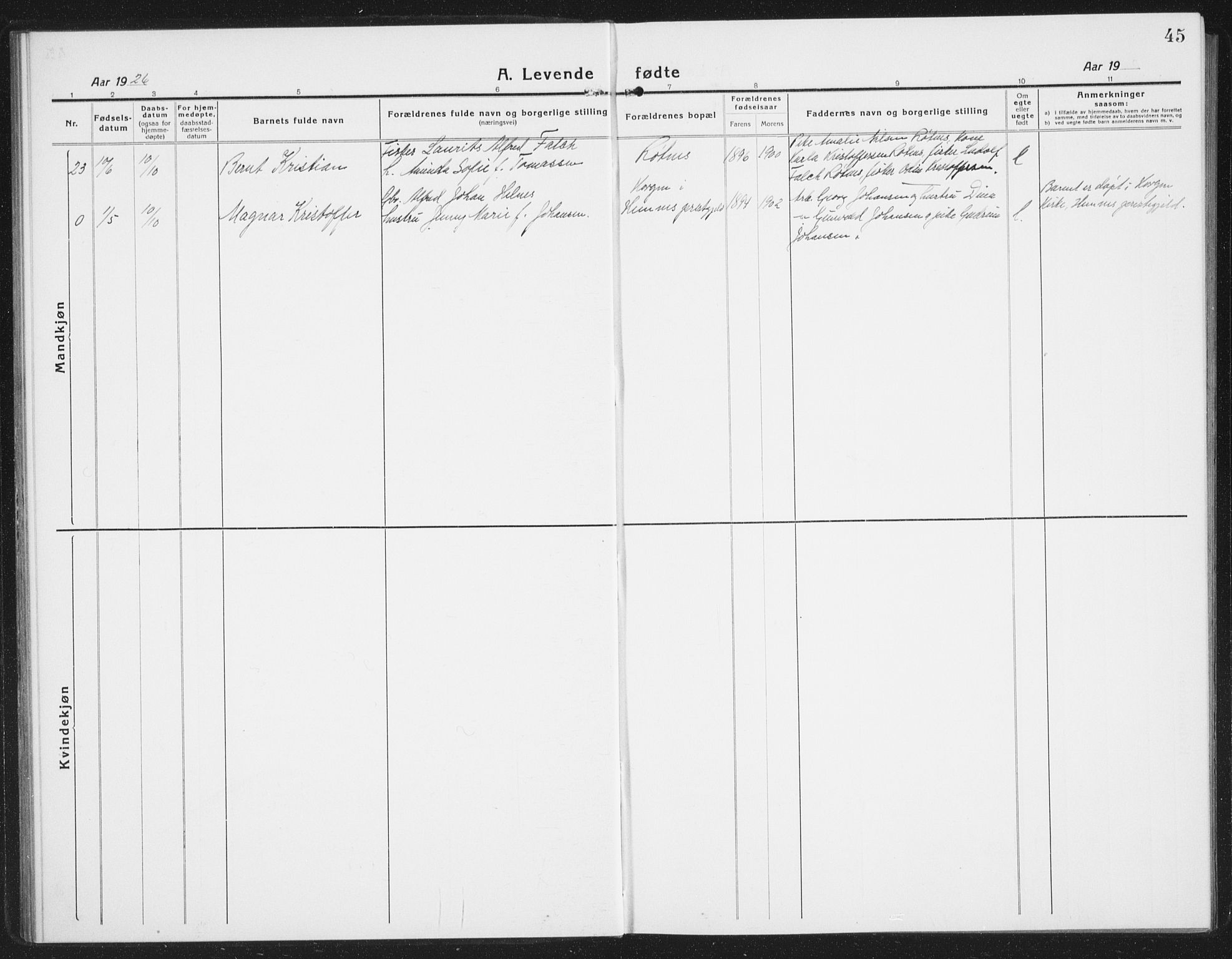 Ministerialprotokoller, klokkerbøker og fødselsregistre - Nordland, SAT/A-1459/855/L0817: Klokkerbok nr. 855C06, 1917-1934, s. 45