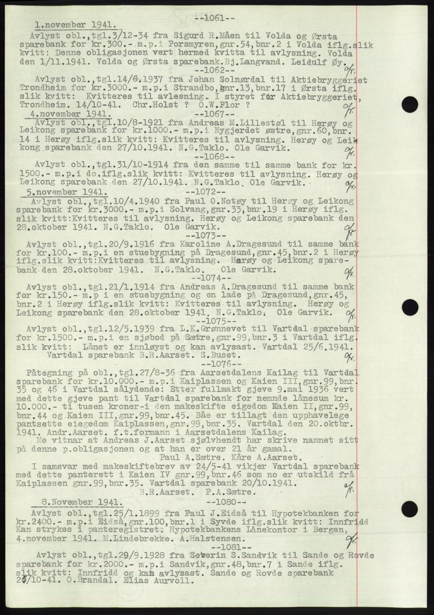 Søre Sunnmøre sorenskriveri, AV/SAT-A-4122/1/2/2C/L0072: Pantebok nr. 66, 1941-1955, Dagboknr: 1061/1941