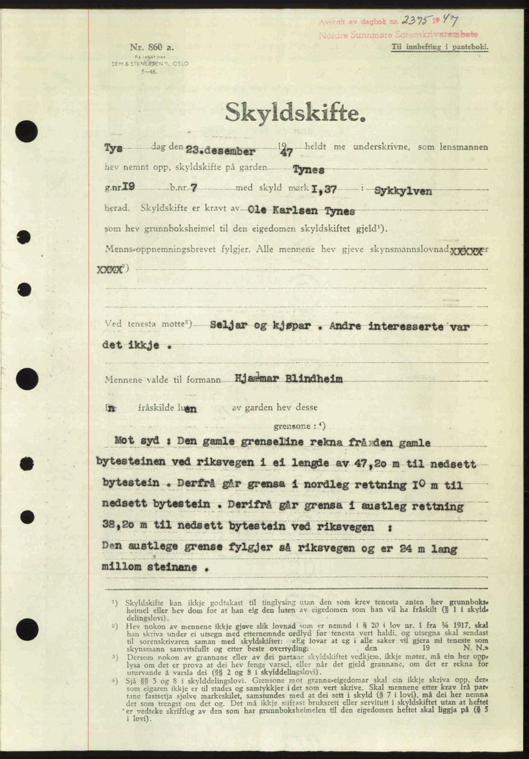 Nordre Sunnmøre sorenskriveri, AV/SAT-A-0006/1/2/2C/2Ca: Pantebok nr. A26, 1947-1948, Dagboknr: 2375/1947