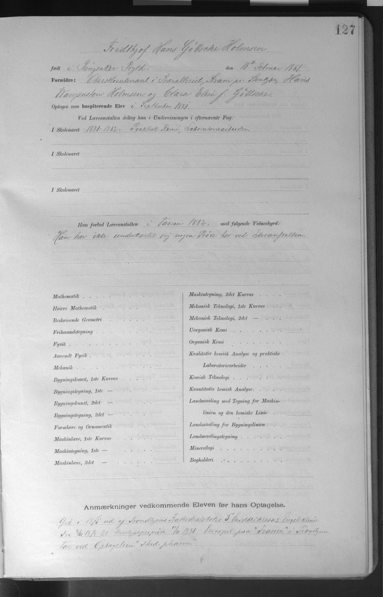 Trondhjems tekniske læreanstalt, SAT/A-1622/G/Ga/L0050: Karakterprotokoll, hospiterende elever, 1870-1914