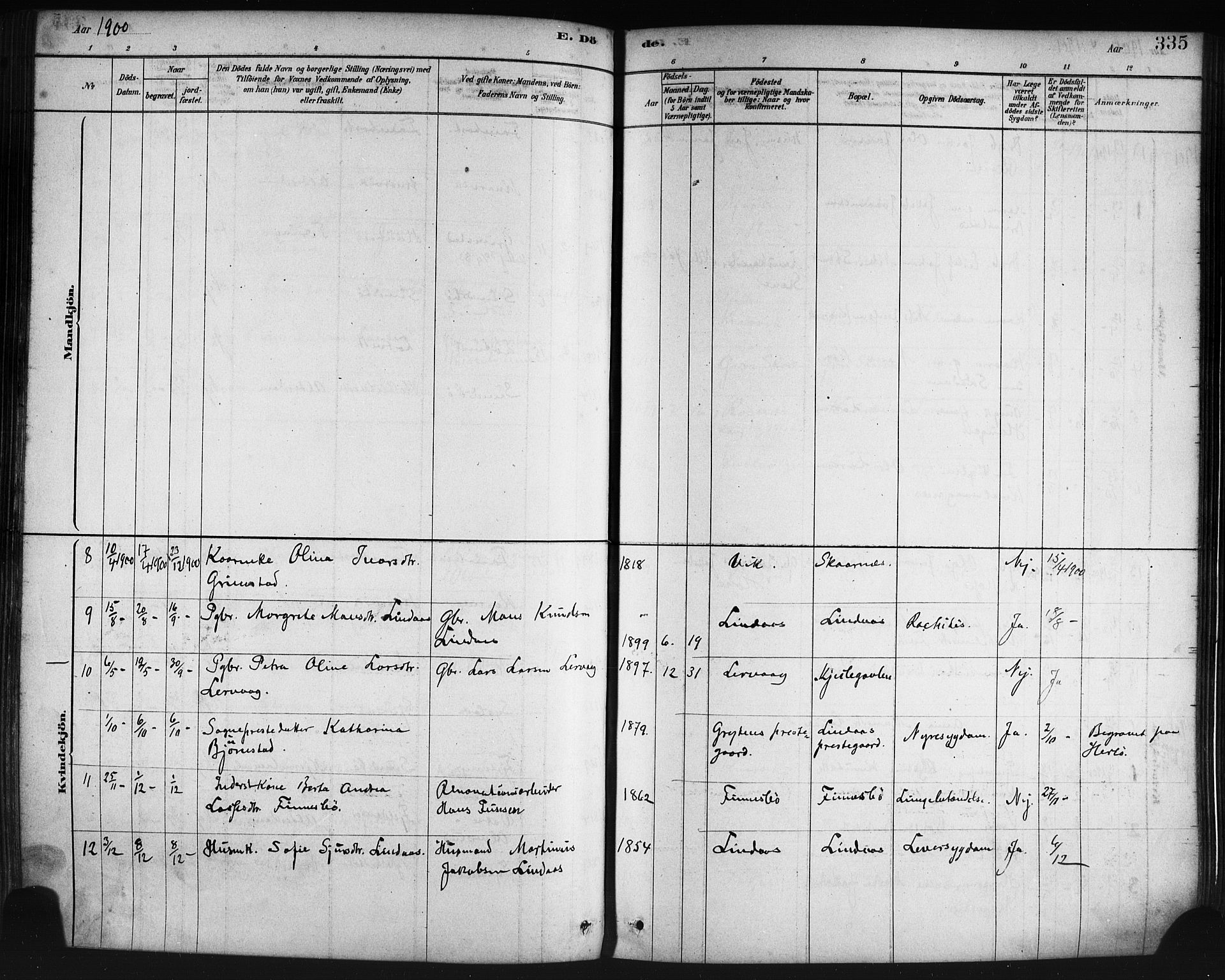 Lindås Sokneprestembete, AV/SAB-A-76701/H/Haa/Haaa/L0019: Ministerialbok nr. A 19, 1878-1912, s. 335