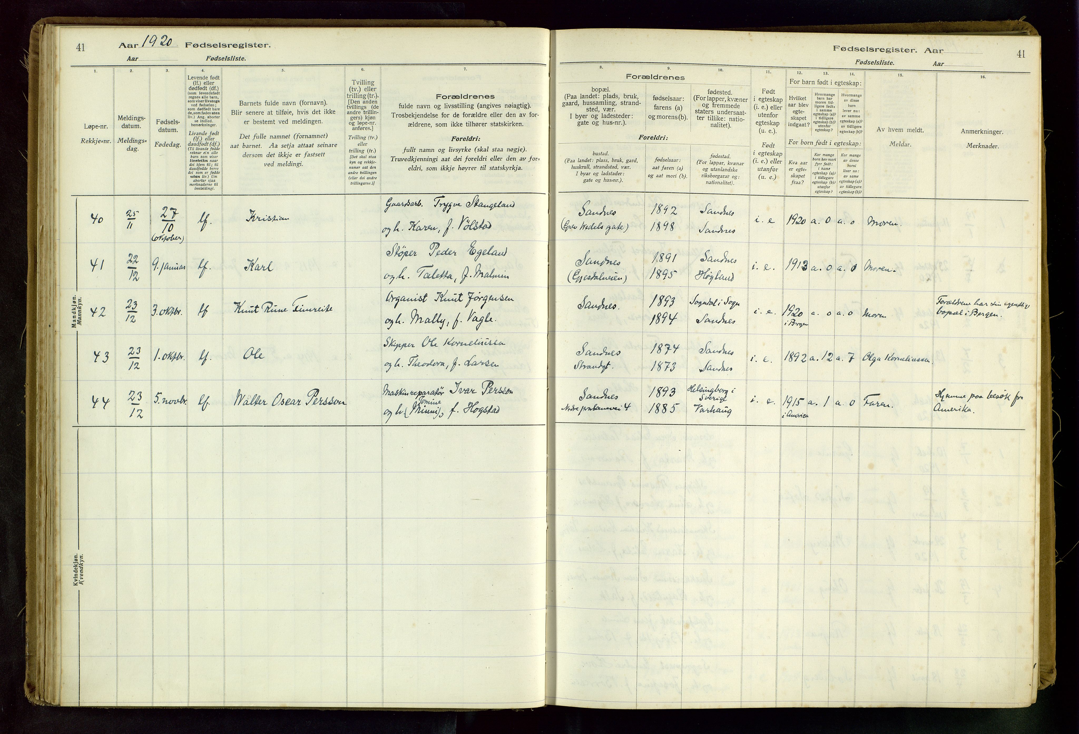 Sandnes sokneprestkontor, SAST/A-101800/704BA/L0001: Fødselsregister nr. 1, 1916-1942, s. 41