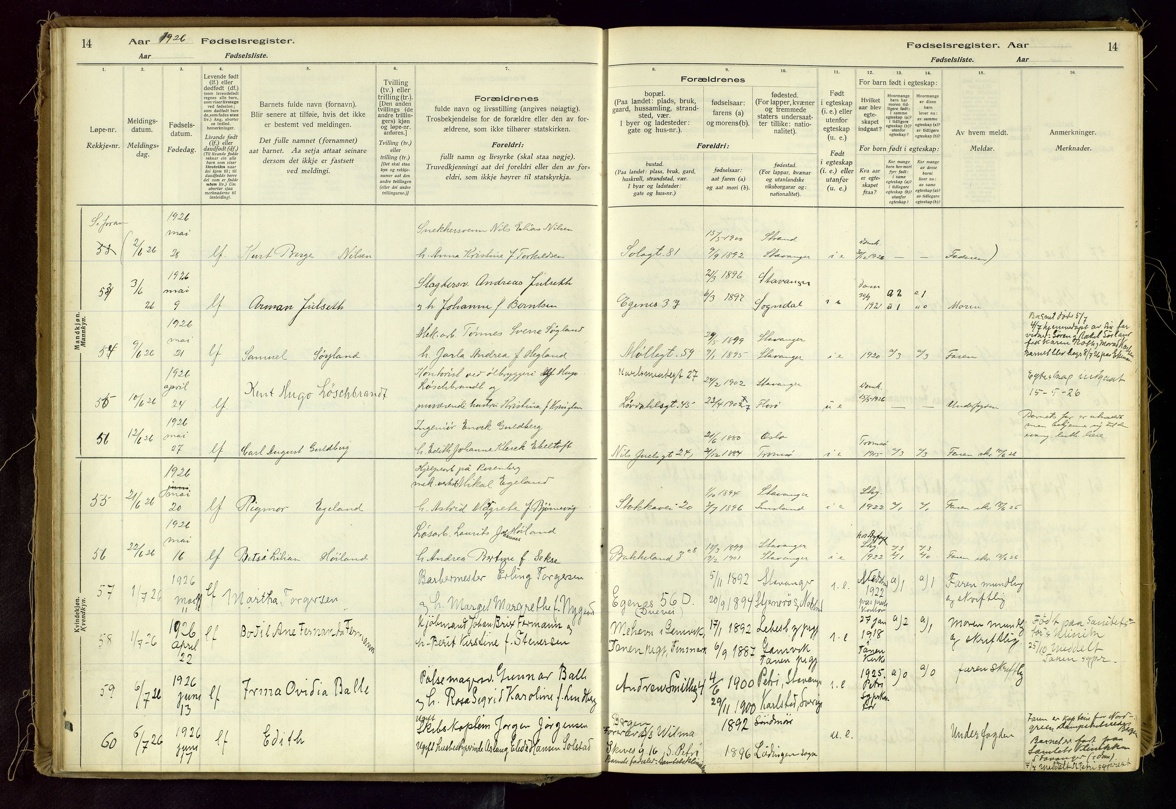 Domkirken sokneprestkontor, AV/SAST-A-101812/002/A/L0001: Fødselsregister nr. 1, 1925-1932, s. 14