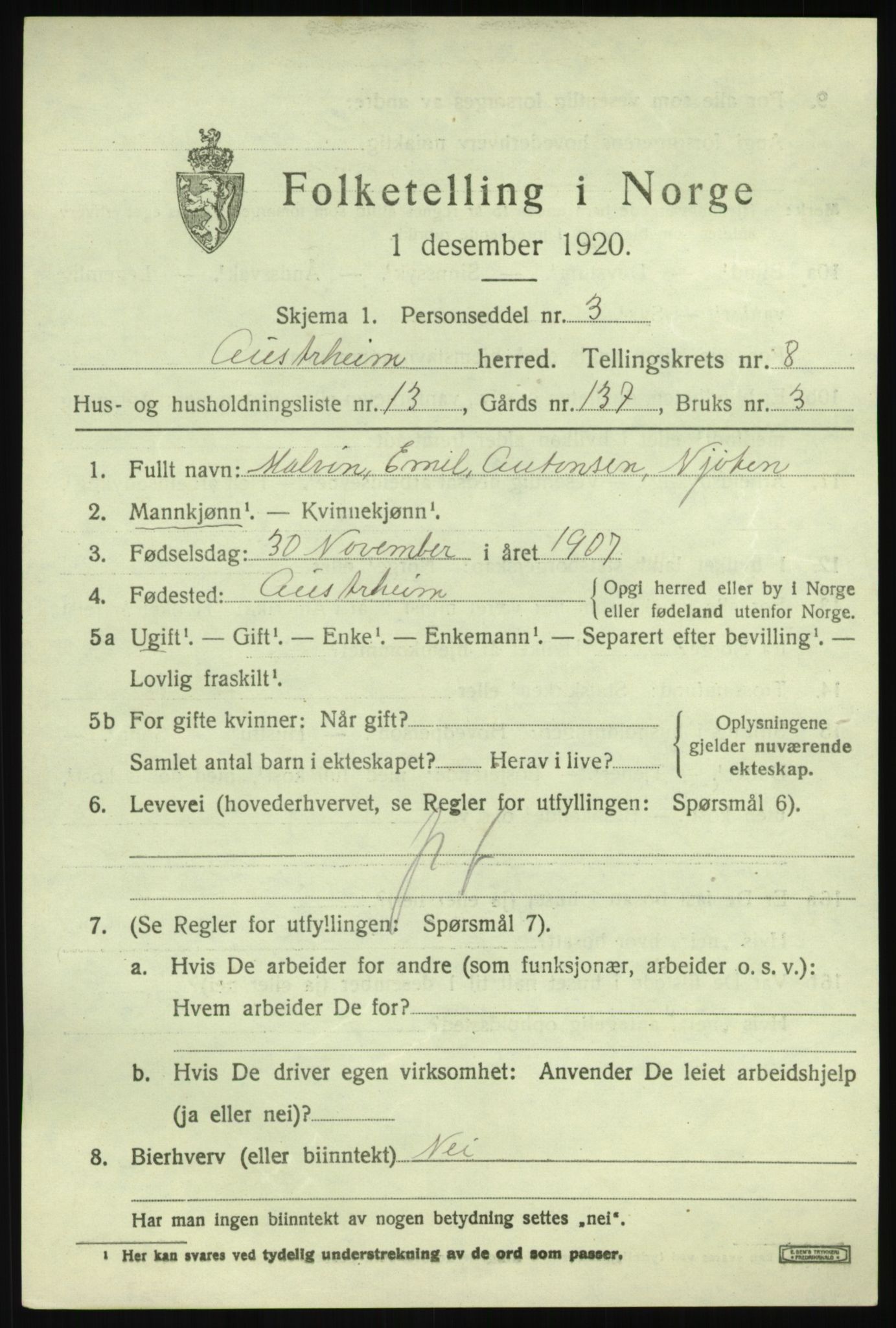 SAB, Folketelling 1920 for 1264 Austrheim herred, 1920, s. 3130