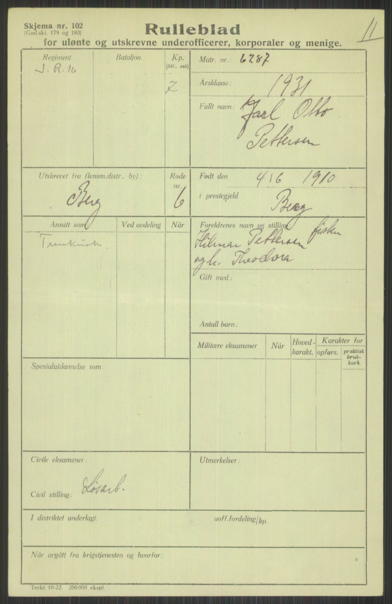 Forsvaret, Troms infanteriregiment nr. 16, AV/RA-RAFA-3146/P/Pa/L0015: Rulleblad for regimentets menige mannskaper, årsklasse 1931, 1931, s. 1007