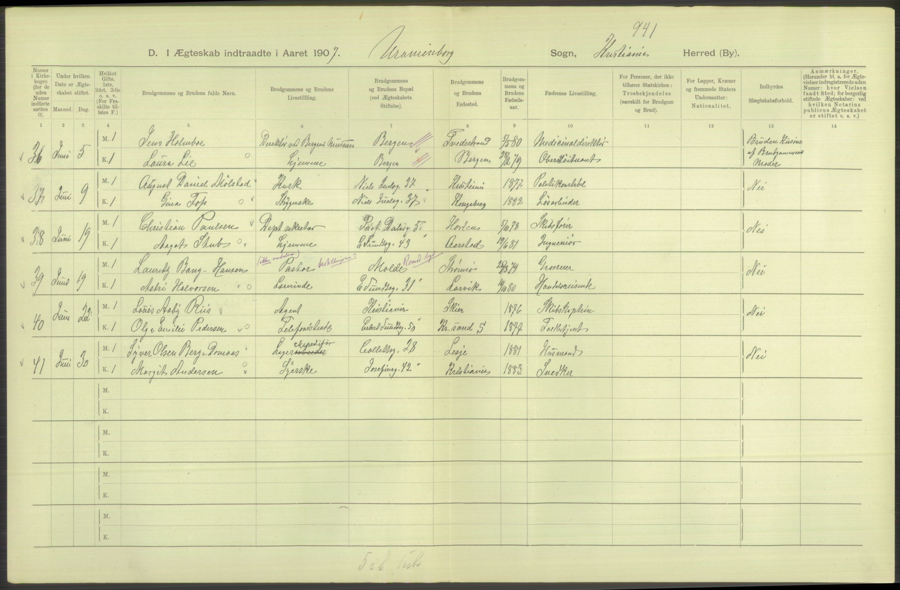 Statistisk sentralbyrå, Sosiodemografiske emner, Befolkning, AV/RA-S-2228/D/Df/Dfa/Dfae/L0008: Kristiania: Gifte, 1907, s. 526