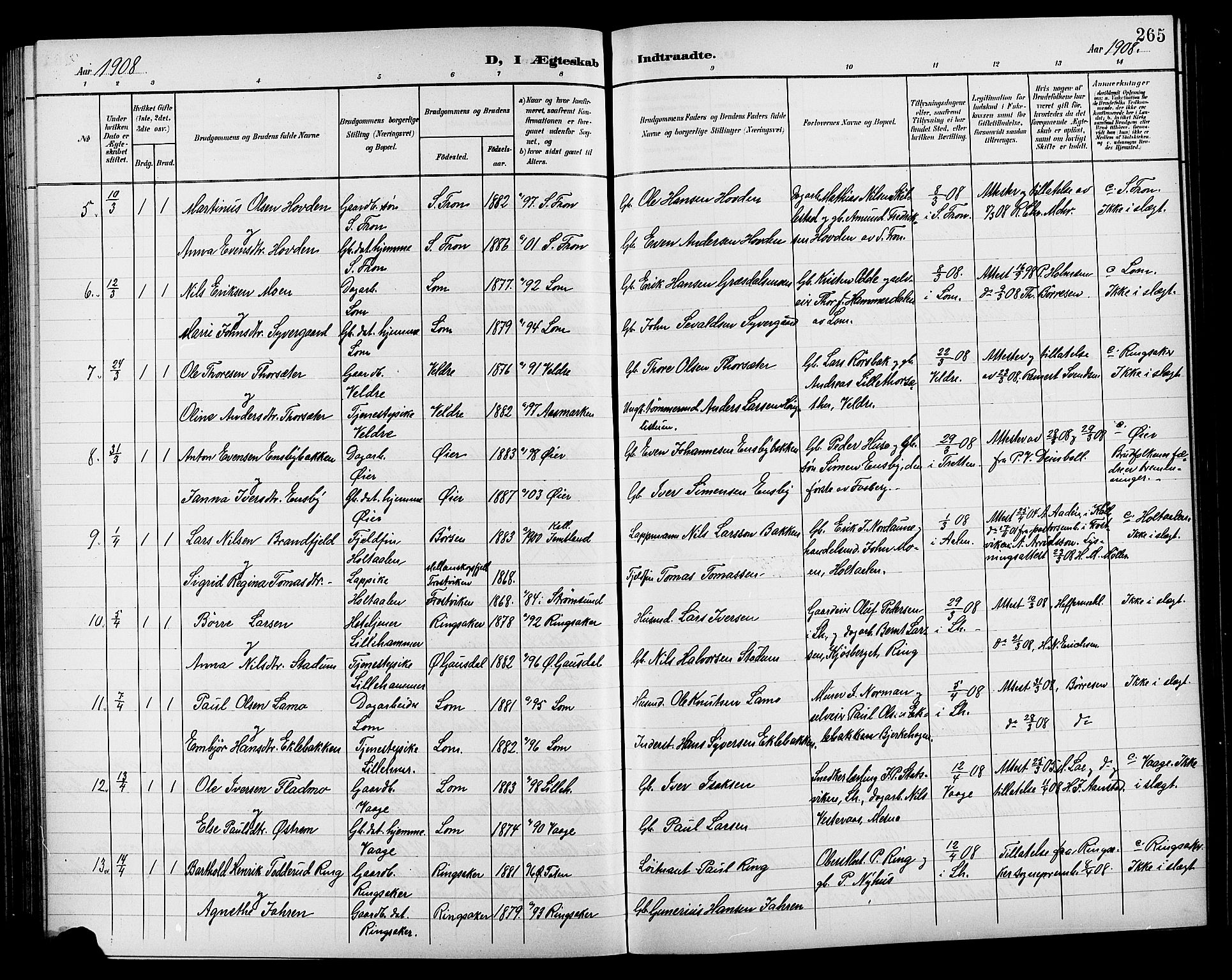 Lillehammer prestekontor, AV/SAH-PREST-088/H/Ha/Hab/L0001: Klokkerbok nr. 1, 1901-1913, s. 265