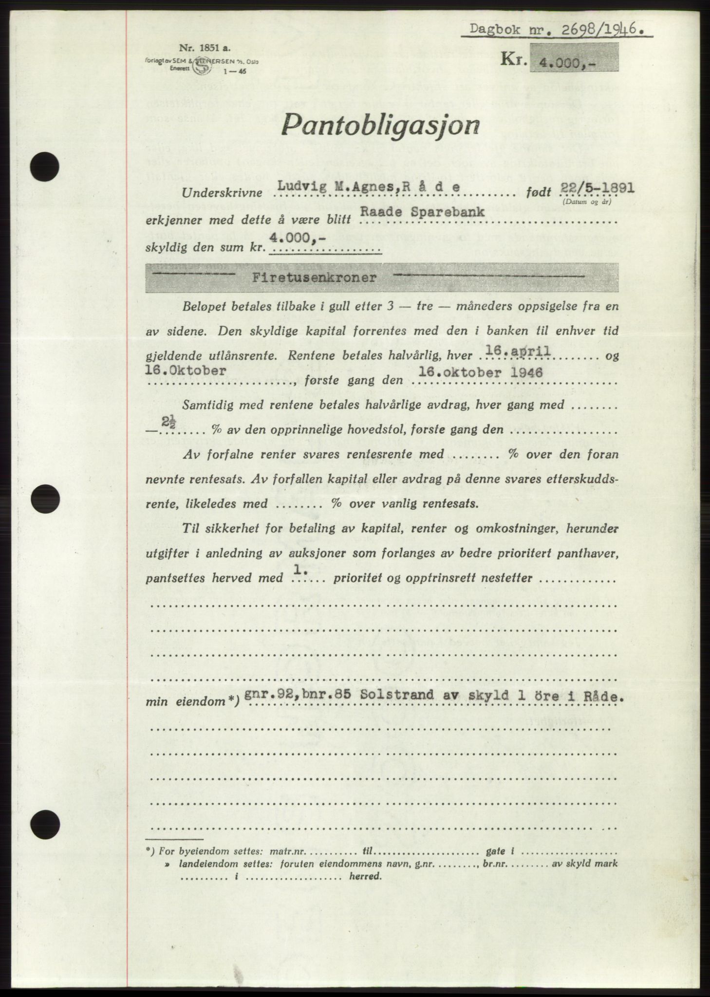 Moss sorenskriveri, SAO/A-10168: Pantebok nr. B16, 1946-1947, Dagboknr: 2698/1946