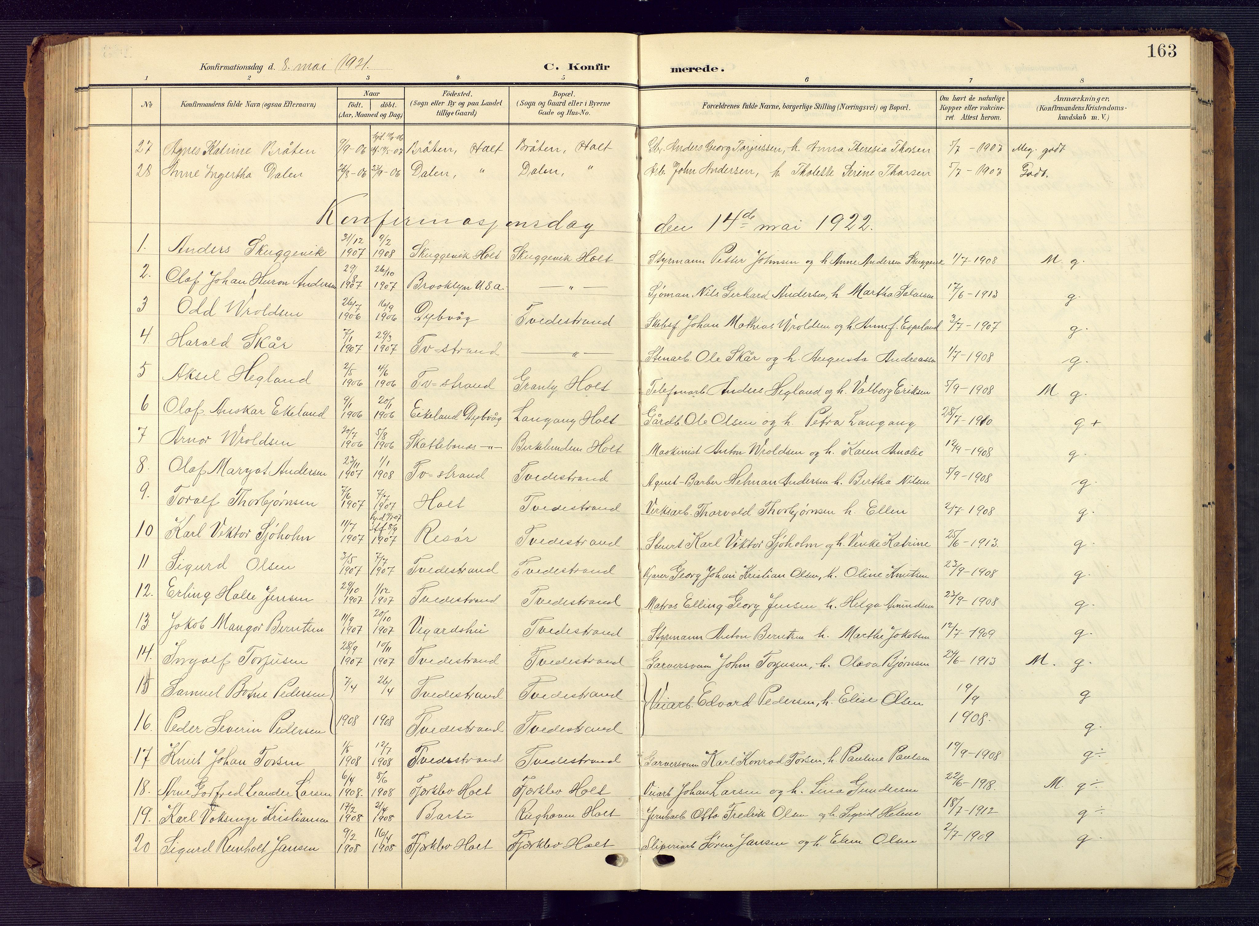 Tvedestrand sokneprestkontor, AV/SAK-1111-0042/F/Fb/L0001: Klokkerbok nr. B 1, 1902-1956, s. 163