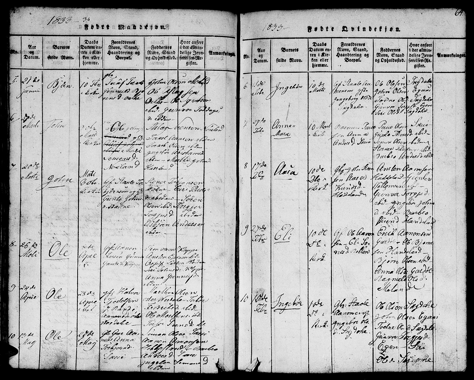 Hægebostad sokneprestkontor, SAK/1111-0024/F/Fb/Fbb/L0001: Klokkerbok nr. B 1, 1816-1850, s. 64