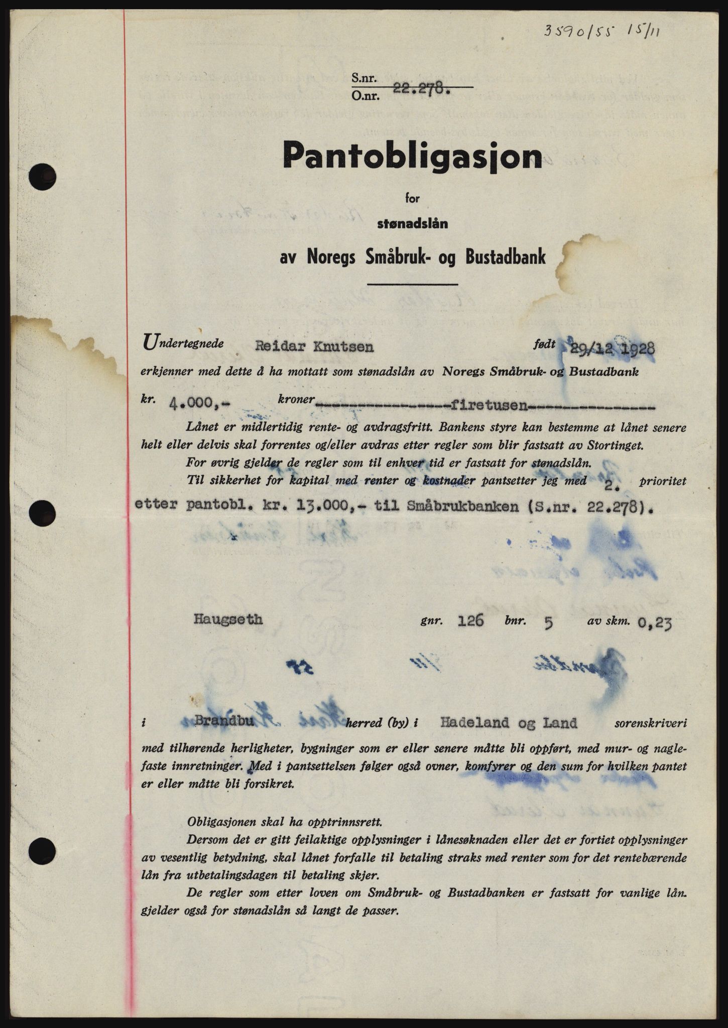 Hadeland og Land tingrett, SAH/TING-010/H/Hb/Hbc/L0033: Pantebok nr. B33, 1955-1956, Dagboknr: 3590/1955