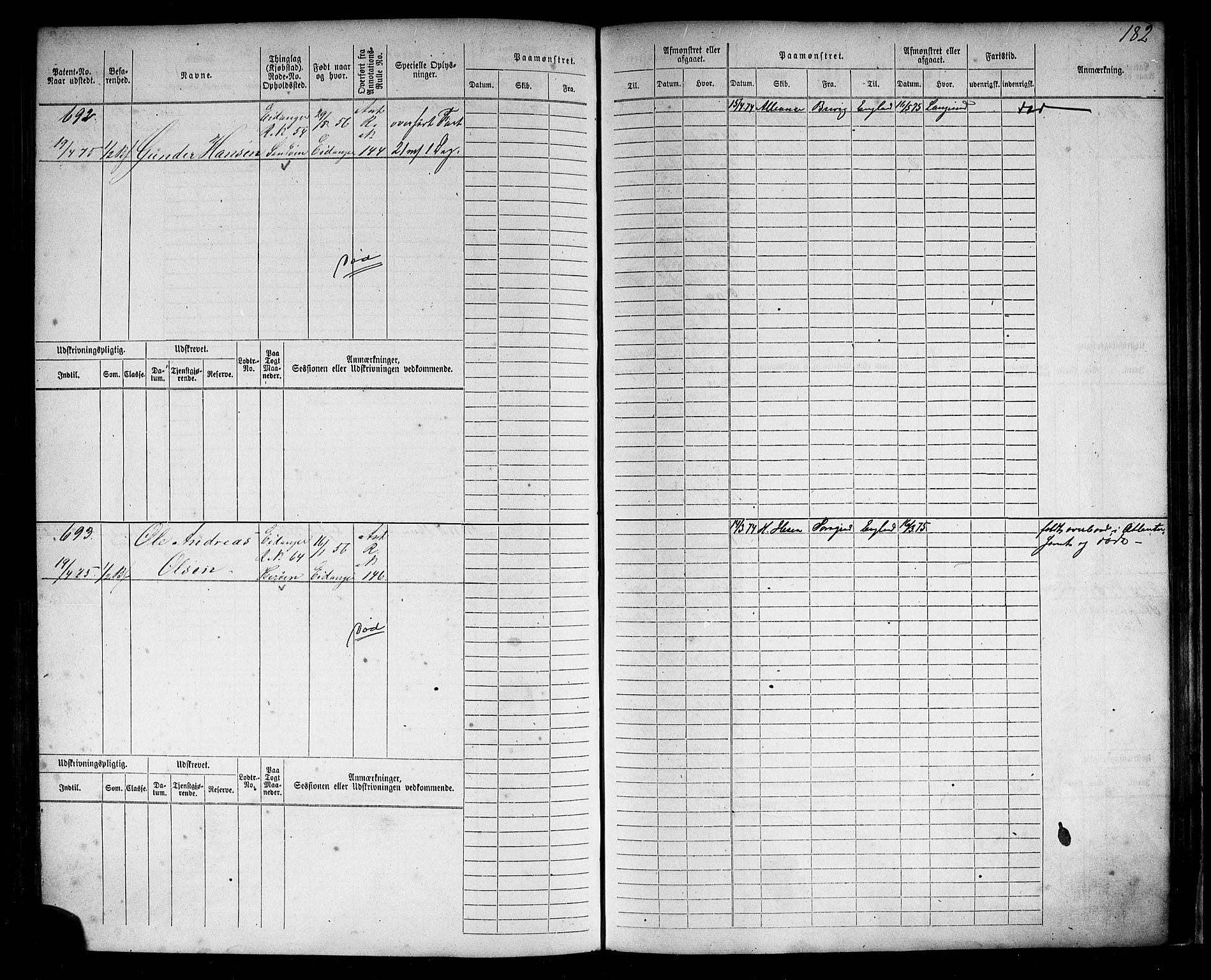 Brevik innrulleringskontor, AV/SAKO-A-833/F/Fb/L0003: Hovedrulle, 1869-1878, s. 189