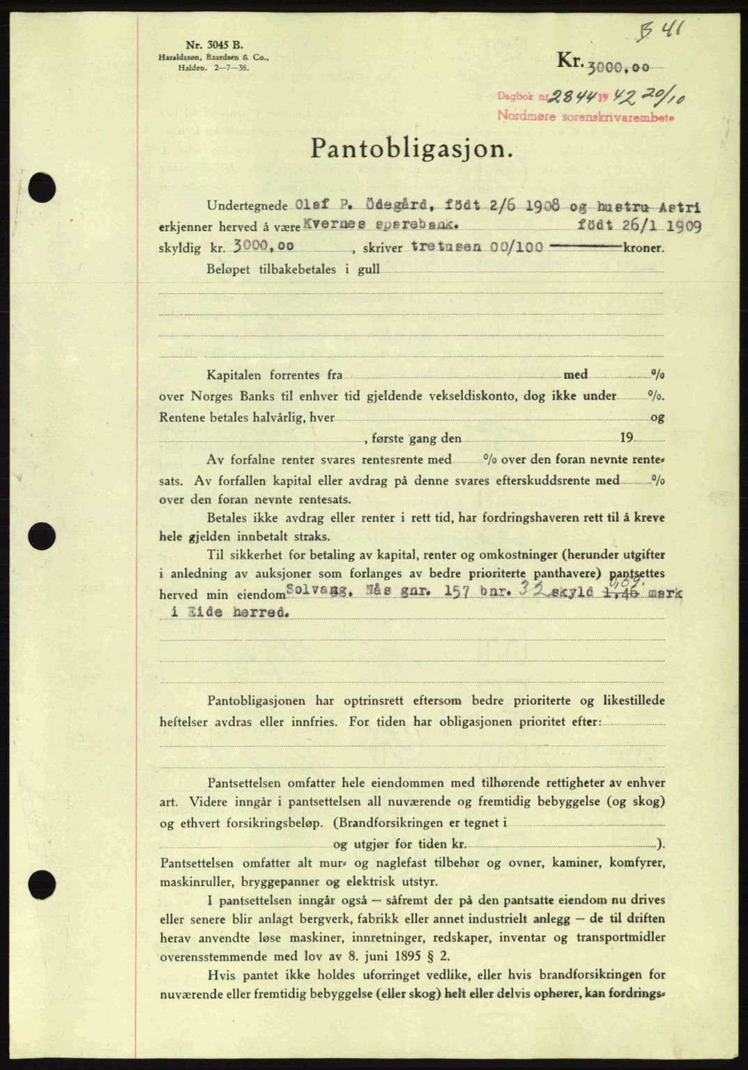 Nordmøre sorenskriveri, AV/SAT-A-4132/1/2/2Ca: Pantebok nr. B90, 1942-1943, Dagboknr: 2844/1942