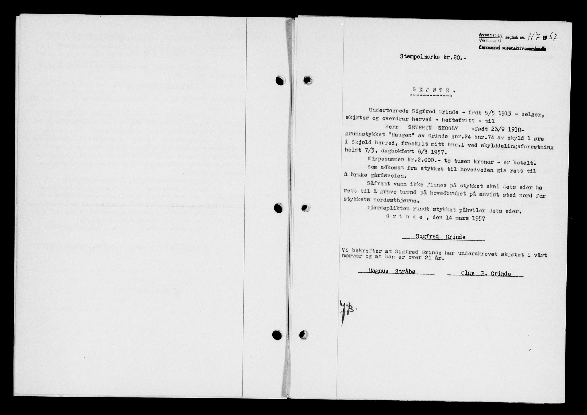 Karmsund sorenskriveri, SAST/A-100311/01/II/IIB/L0124: Pantebok nr. 104A, 1957-1957, Dagboknr: 717/1957
