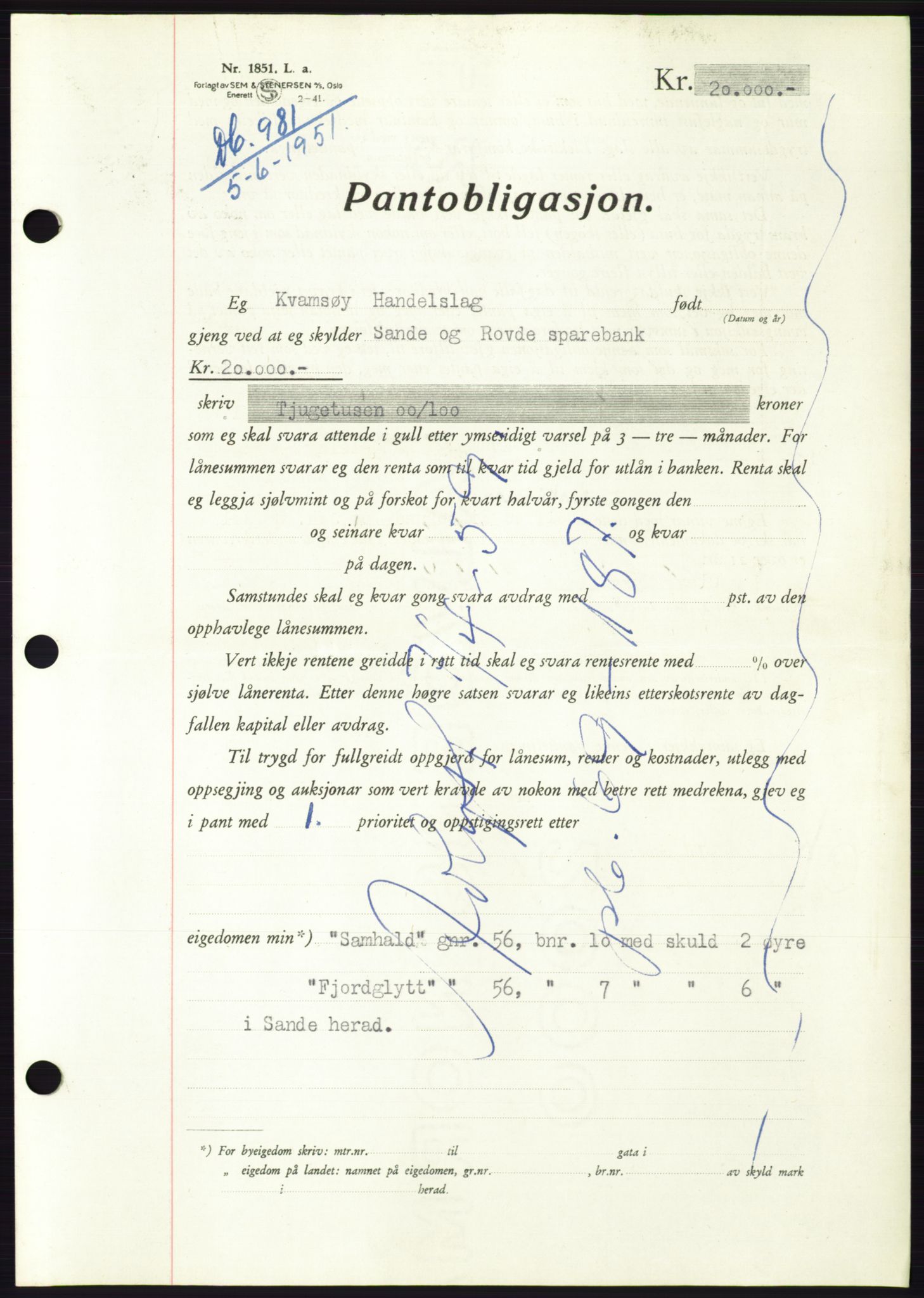 Søre Sunnmøre sorenskriveri, AV/SAT-A-4122/1/2/2C/L0120: Pantebok nr. 8B, 1951-1951, Dagboknr: 981/1951