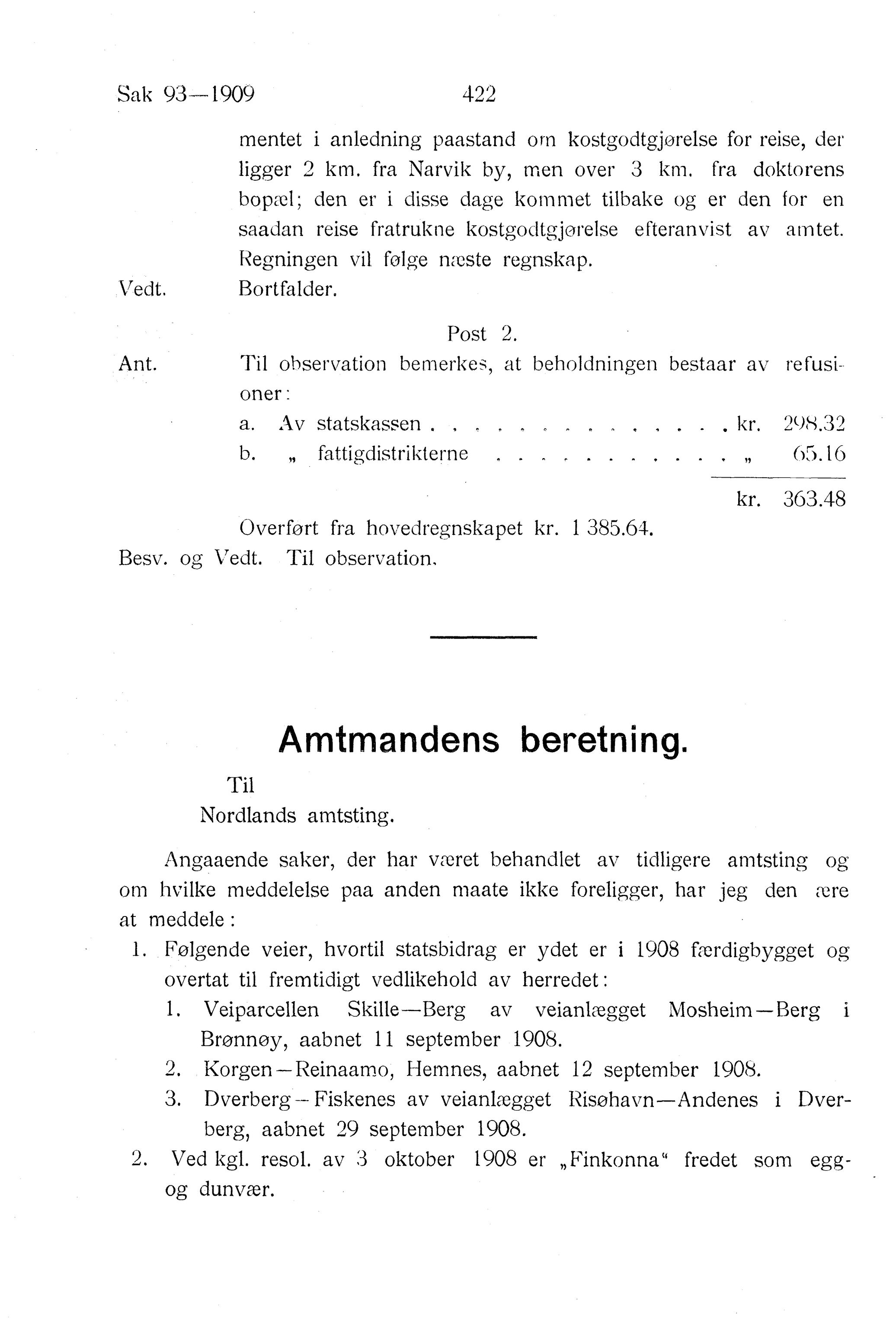 Nordland Fylkeskommune. Fylkestinget, AIN/NFK-17/176/A/Ac/L0032: Fylkestingsforhandlinger 1909, 1909