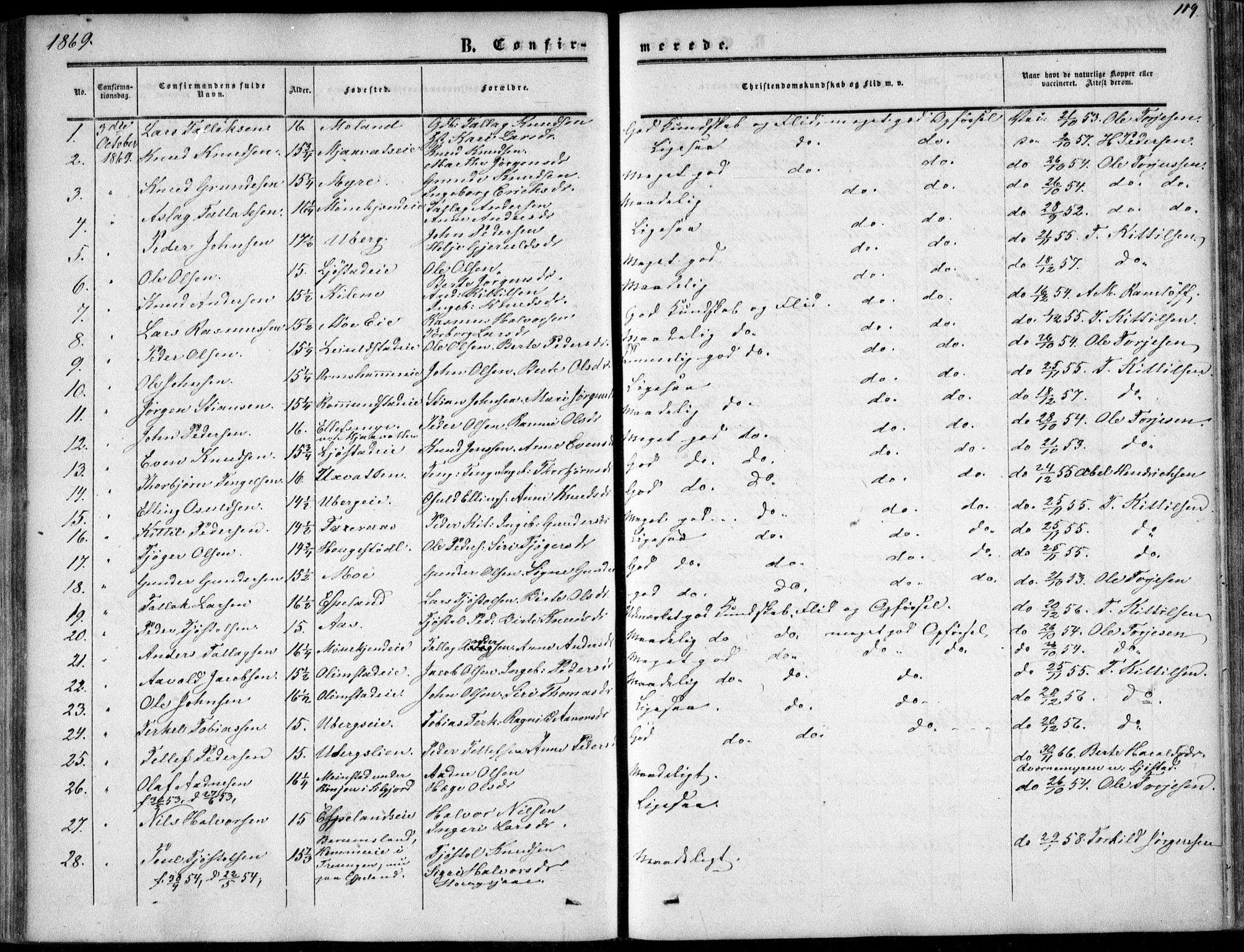 Gjerstad sokneprestkontor, AV/SAK-1111-0014/F/Fa/Fab/L0003: Ministerialbok nr. A 3, 1853-1878, s. 119