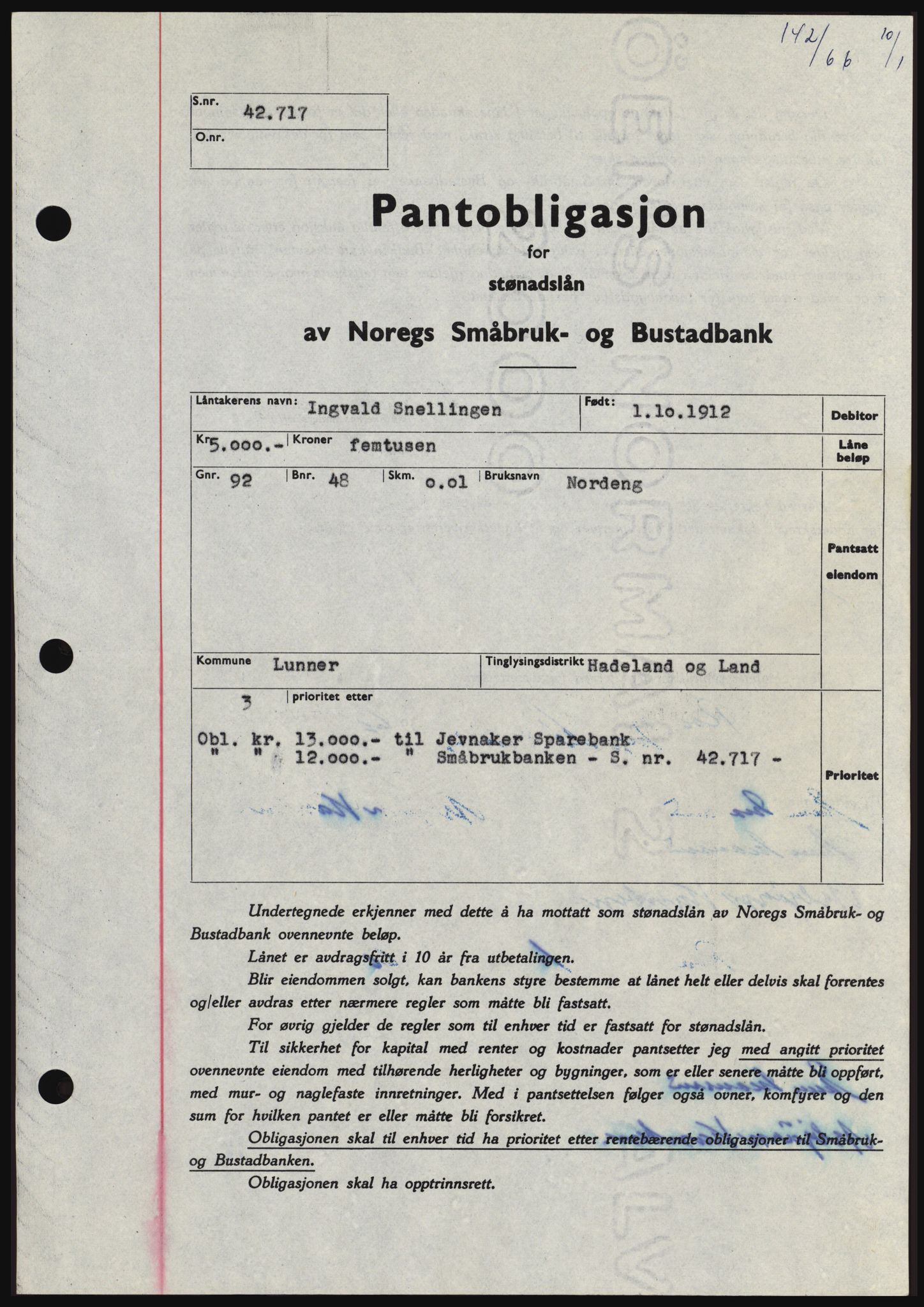 Hadeland og Land tingrett, SAH/TING-010/H/Hb/Hbc/L0061: Pantebok nr. B61, 1965-1966, Dagboknr: 142/1966