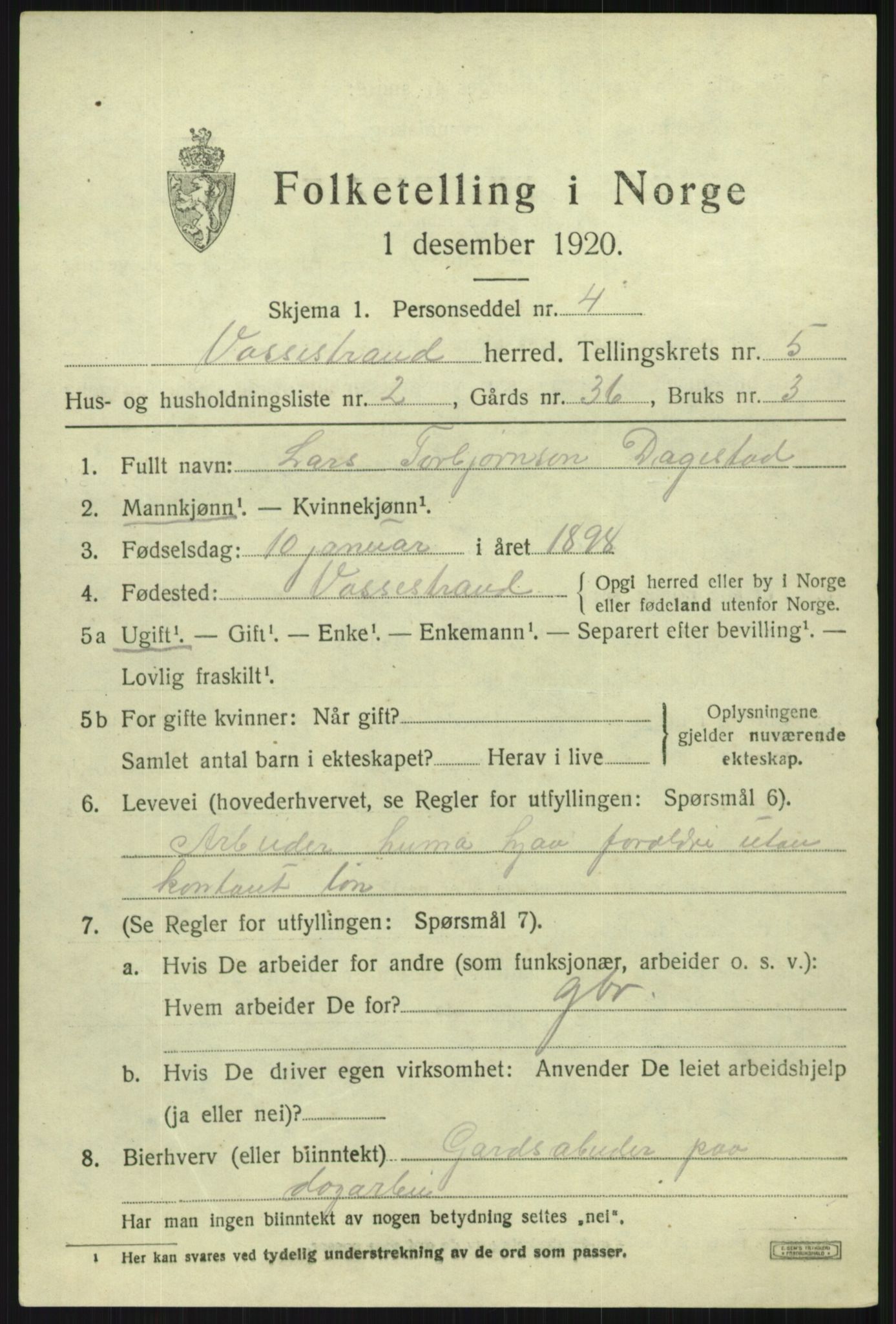 SAB, Folketelling 1920 for 1236 Vossestrand herred, 1920, s. 2382