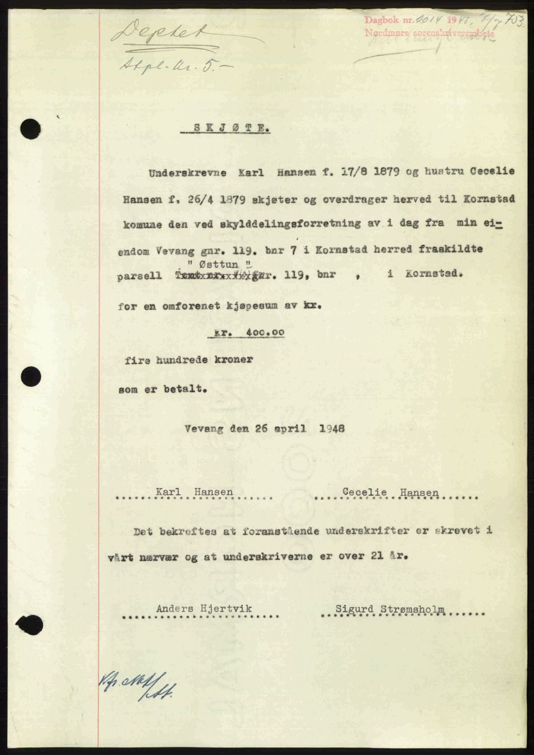 Nordmøre sorenskriveri, SAT/A-4132/1/2/2Ca: Pantebok nr. A108, 1948-1948, Dagboknr: 2014/1948
