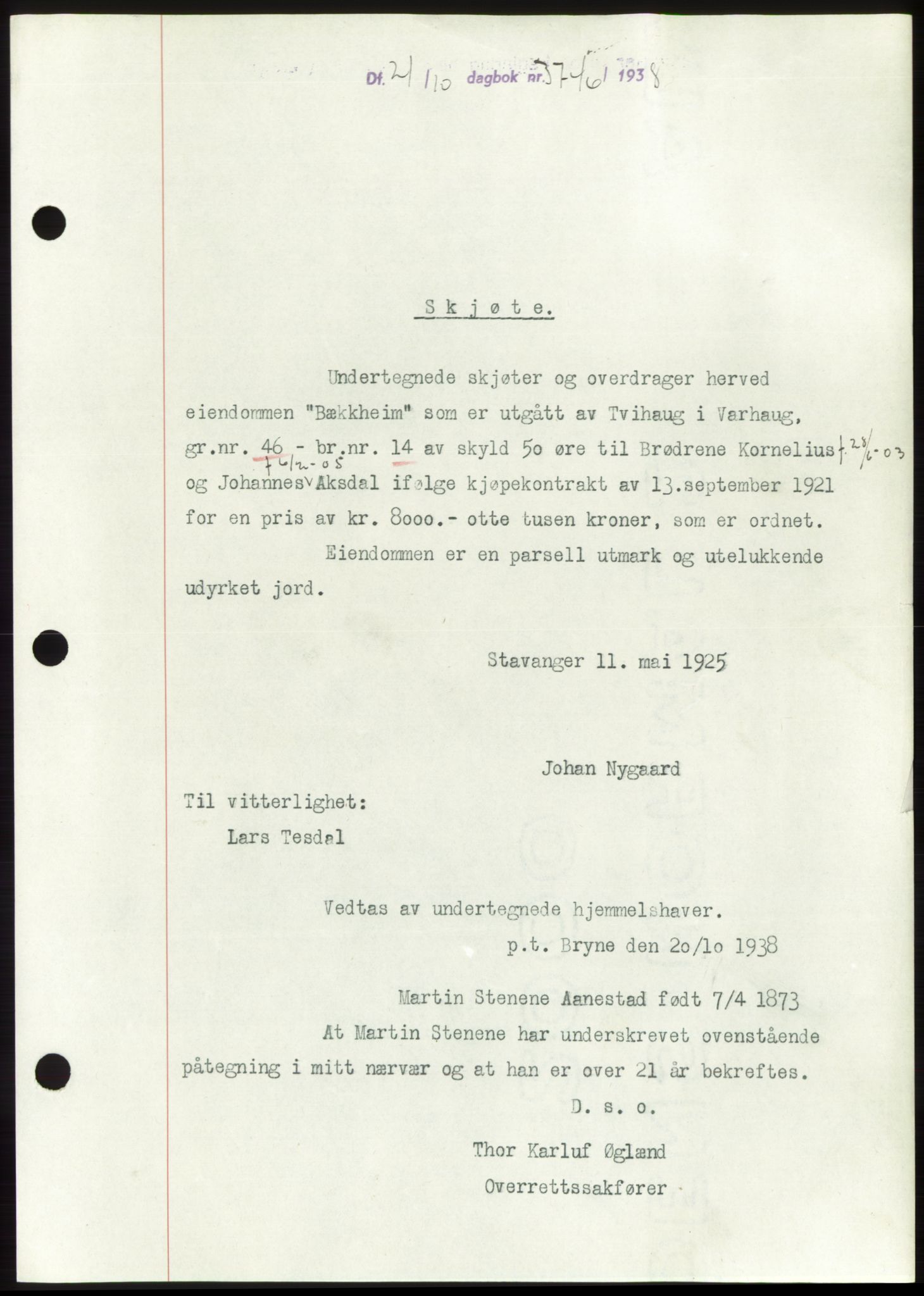 Jæren sorenskriveri, SAST/A-100310/03/G/Gba/L0072: Pantebok, 1938-1938, Dagboknr: 3746/1938