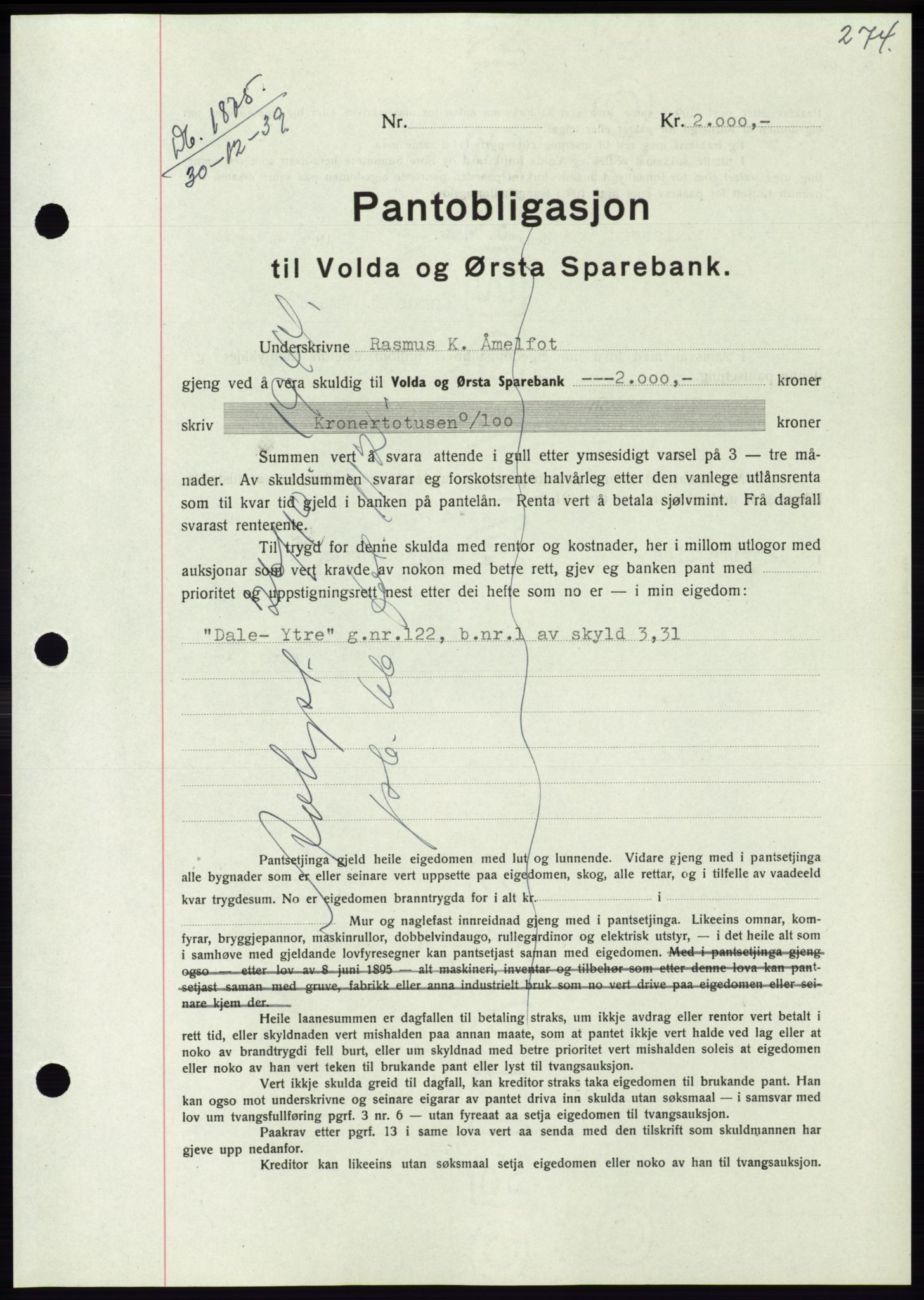 Søre Sunnmøre sorenskriveri, SAT/A-4122/1/2/2C/L0069: Pantebok nr. 63, 1939-1940, Dagboknr: 1875/1939