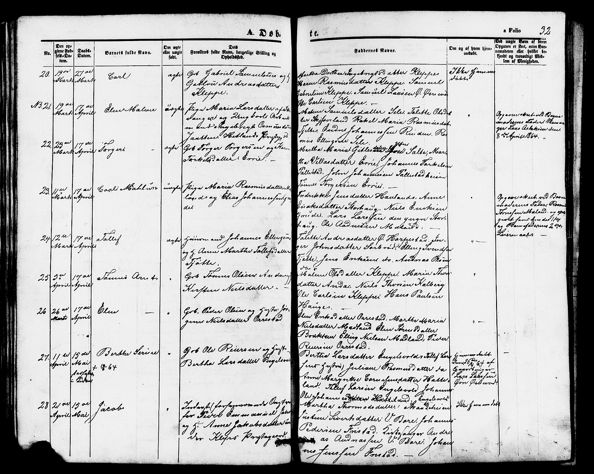 Klepp sokneprestkontor, AV/SAST-A-101803/001/3/30BB/L0002: Klokkerbok nr. B 2, 1860-1875, s. 32