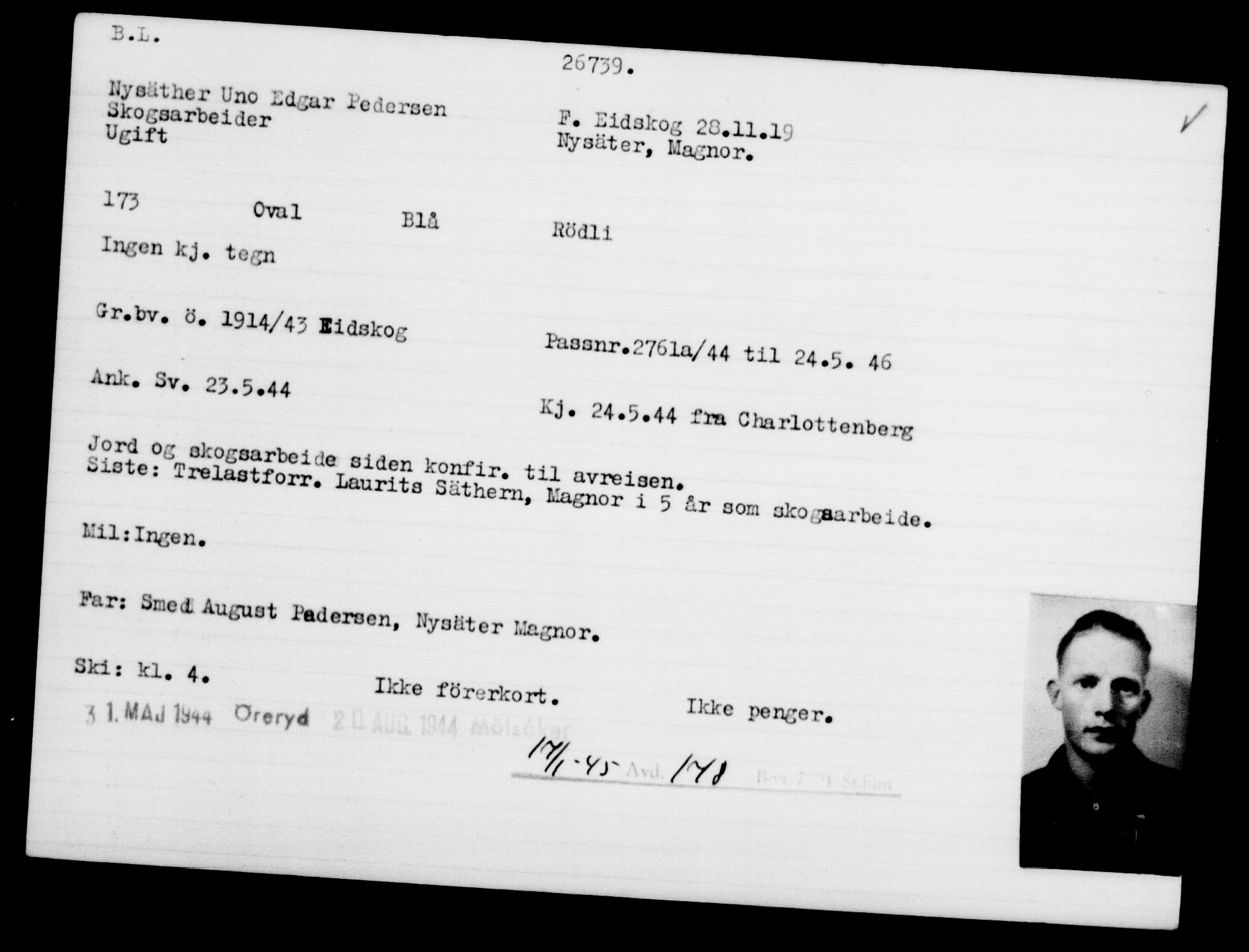 Utenriksstasjonene, Legasjonen i Stockholm, Flyktningkontoret, AV/RA-S-6753/V/Va/L0011: Kjesäterkartoteket, flyktninger med registreringsnr. 25300-28349, 1940-1945, s. 1512
