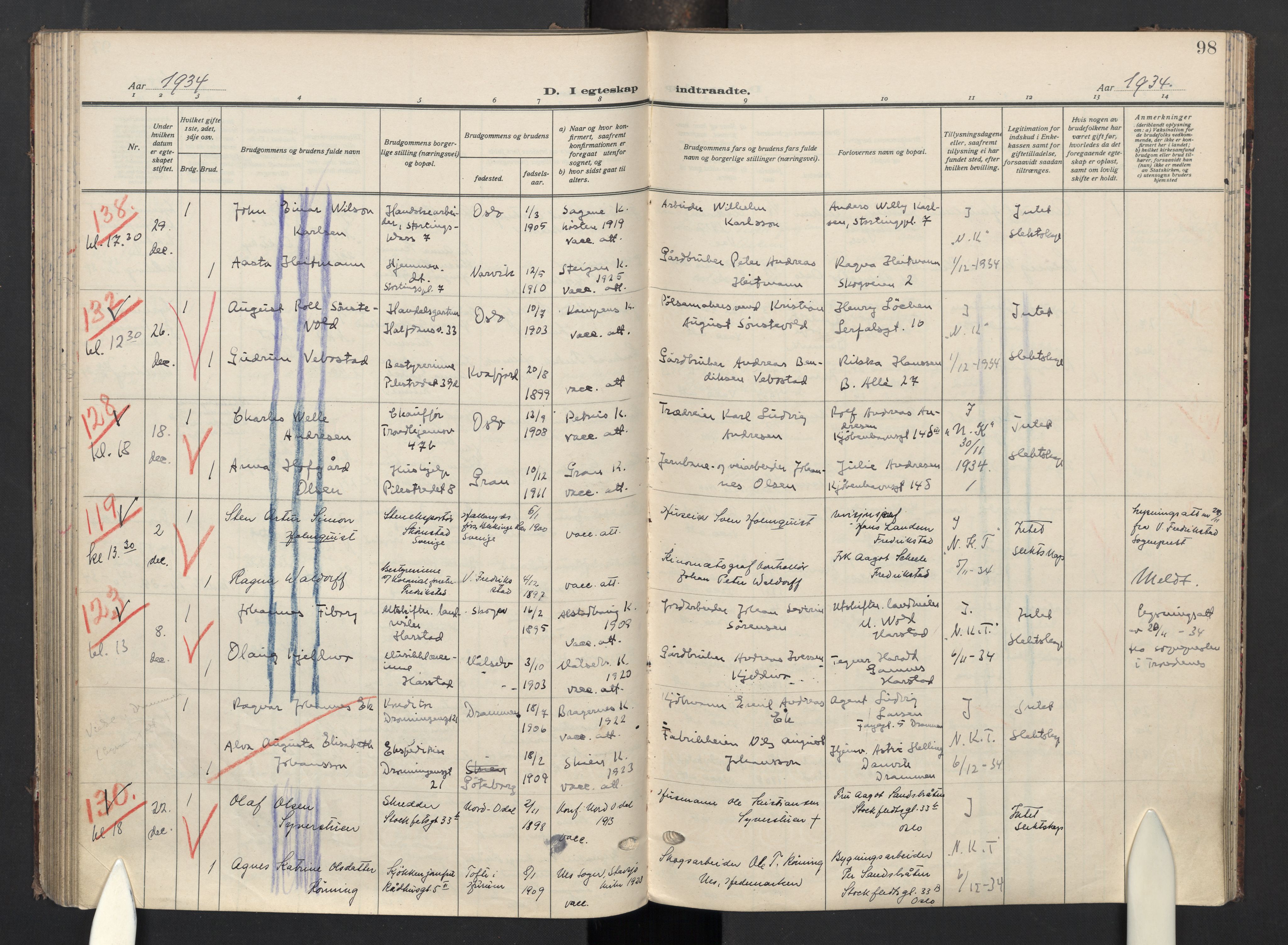 Oslo domkirke Kirkebøker, AV/SAO-A-10752/G/Ga/L0006: Klokkerbok nr. 6, 1930-1937, s. 98