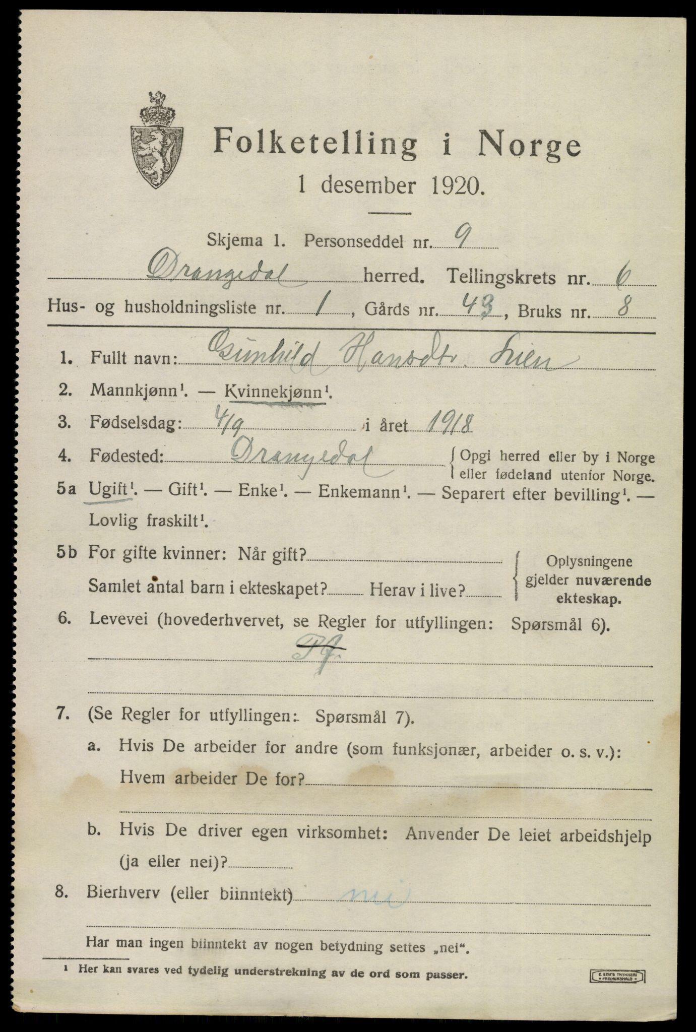 SAKO, Folketelling 1920 for 0817 Drangedal herred, 1920, s. 4245
