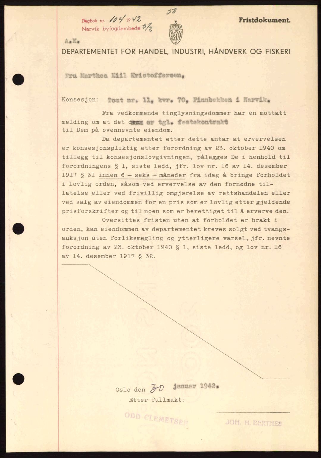 Narvik sorenskriveri, SAT/A-0002/1/2/2C/2Ca: Pantebok nr. A19, 1942-1943, Dagboknr: 104/1942