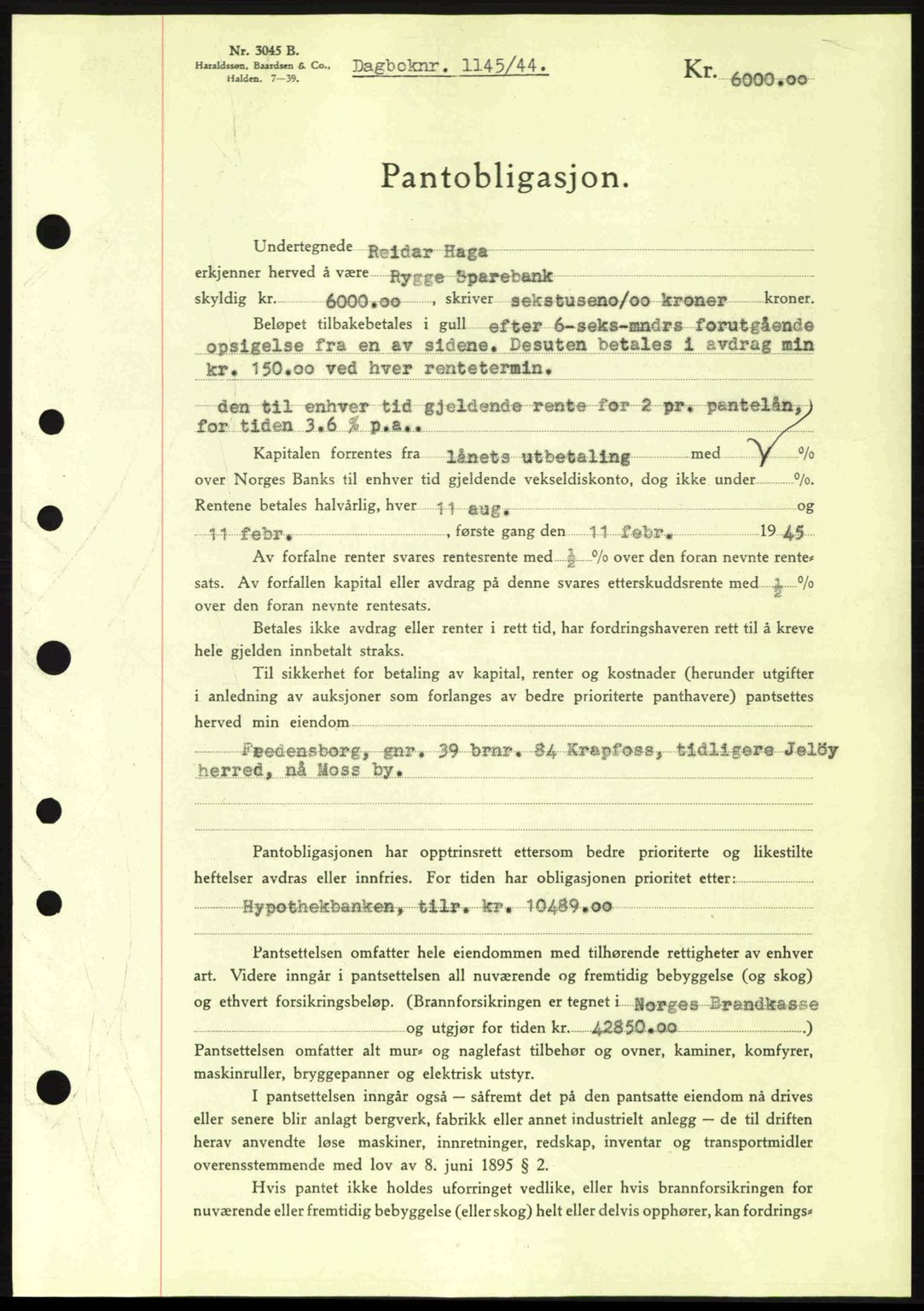 Moss sorenskriveri, SAO/A-10168: Pantebok nr. B13, 1943-1945, Dagboknr: 1145/1944