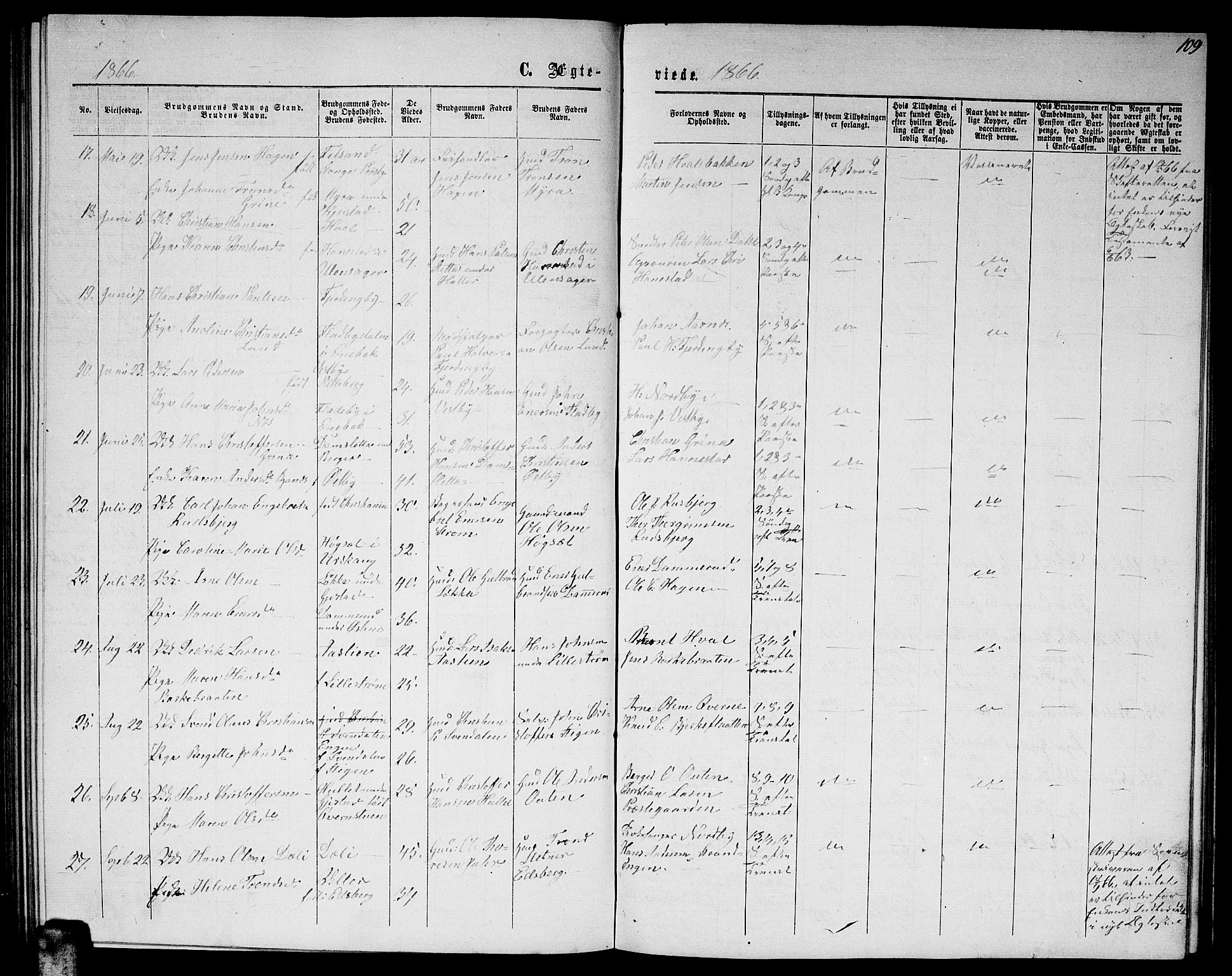 Fet prestekontor Kirkebøker, AV/SAO-A-10370a/G/Ga/L0003: Klokkerbok nr. I 3, 1860-1867, s. 109