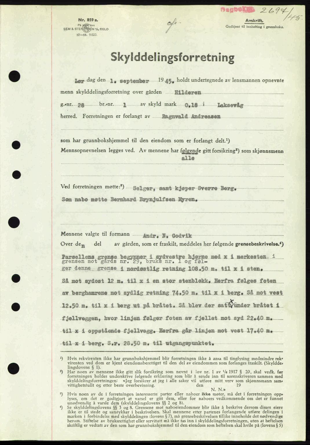 Midhordland sorenskriveri, SAB/A-3001/1/G/Gb/Gbk/L0008: Pantebok nr. A36-41, 1944-1945, Dagboknr: 2697/1945