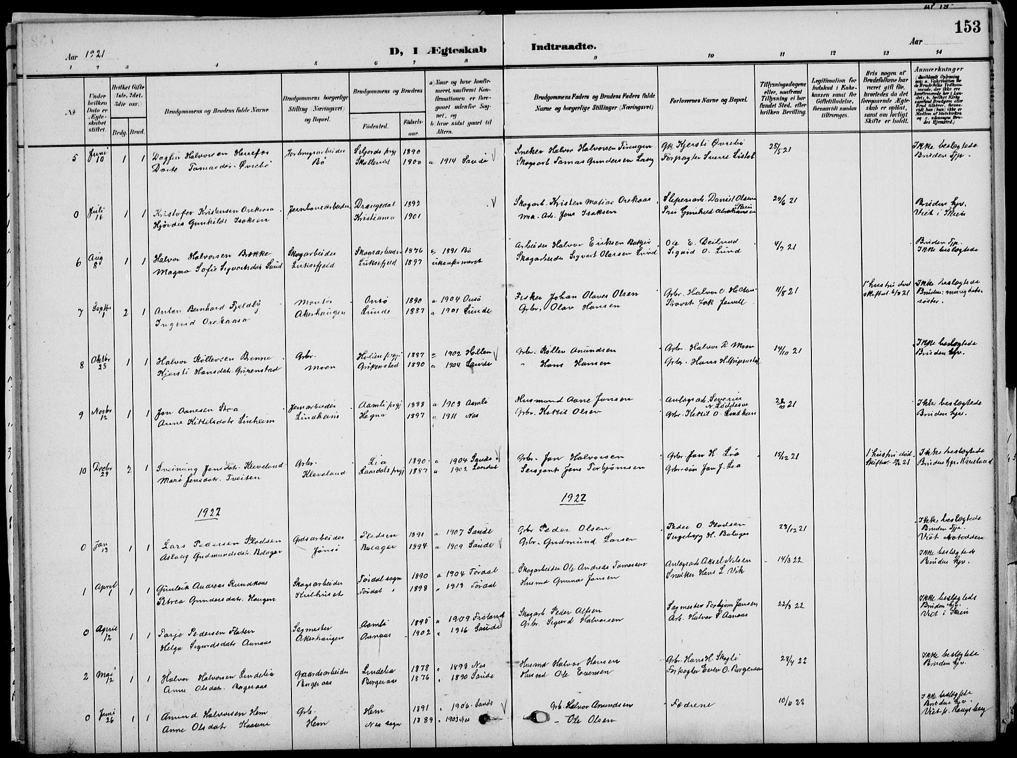 Sauherad kirkebøker, SAKO/A-298/G/Ga/L0004a: Klokkerbok nr. I 4a, 1906-1934, s. 153