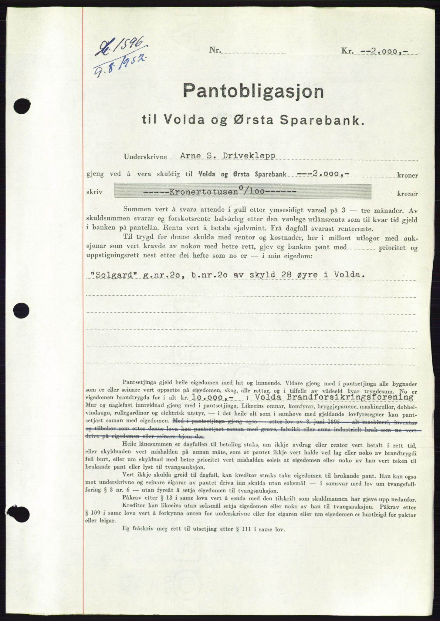 Søre Sunnmøre sorenskriveri, AV/SAT-A-4122/1/2/2C/L0121: Pantebok nr. 9B, 1951-1952, Dagboknr: 1596/1952