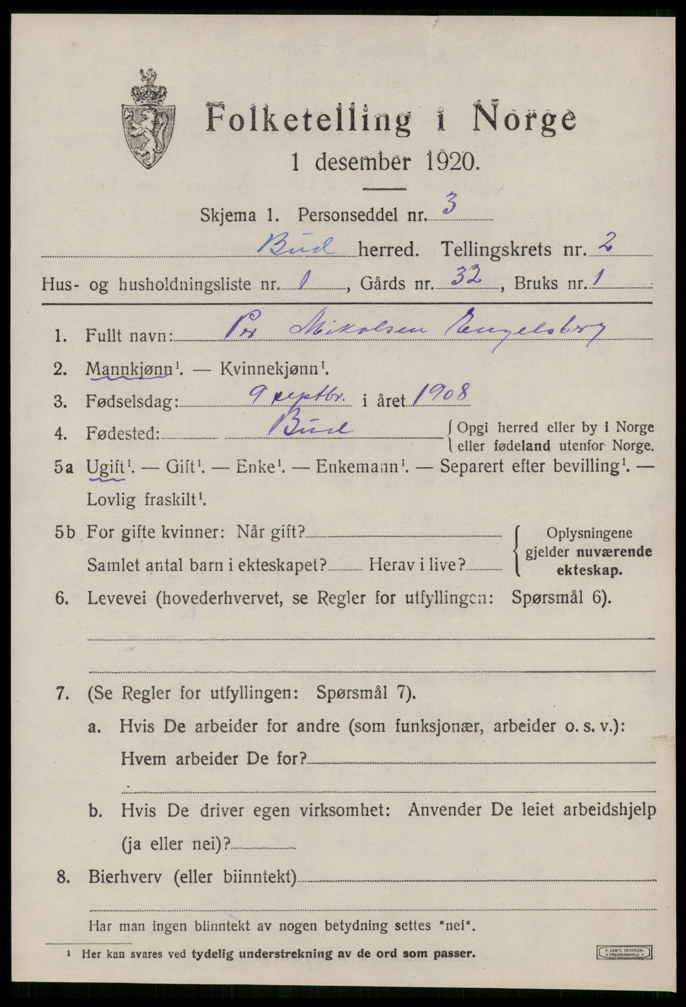 SAT, Folketelling 1920 for 1549 Bud herred, 1920, s. 1164