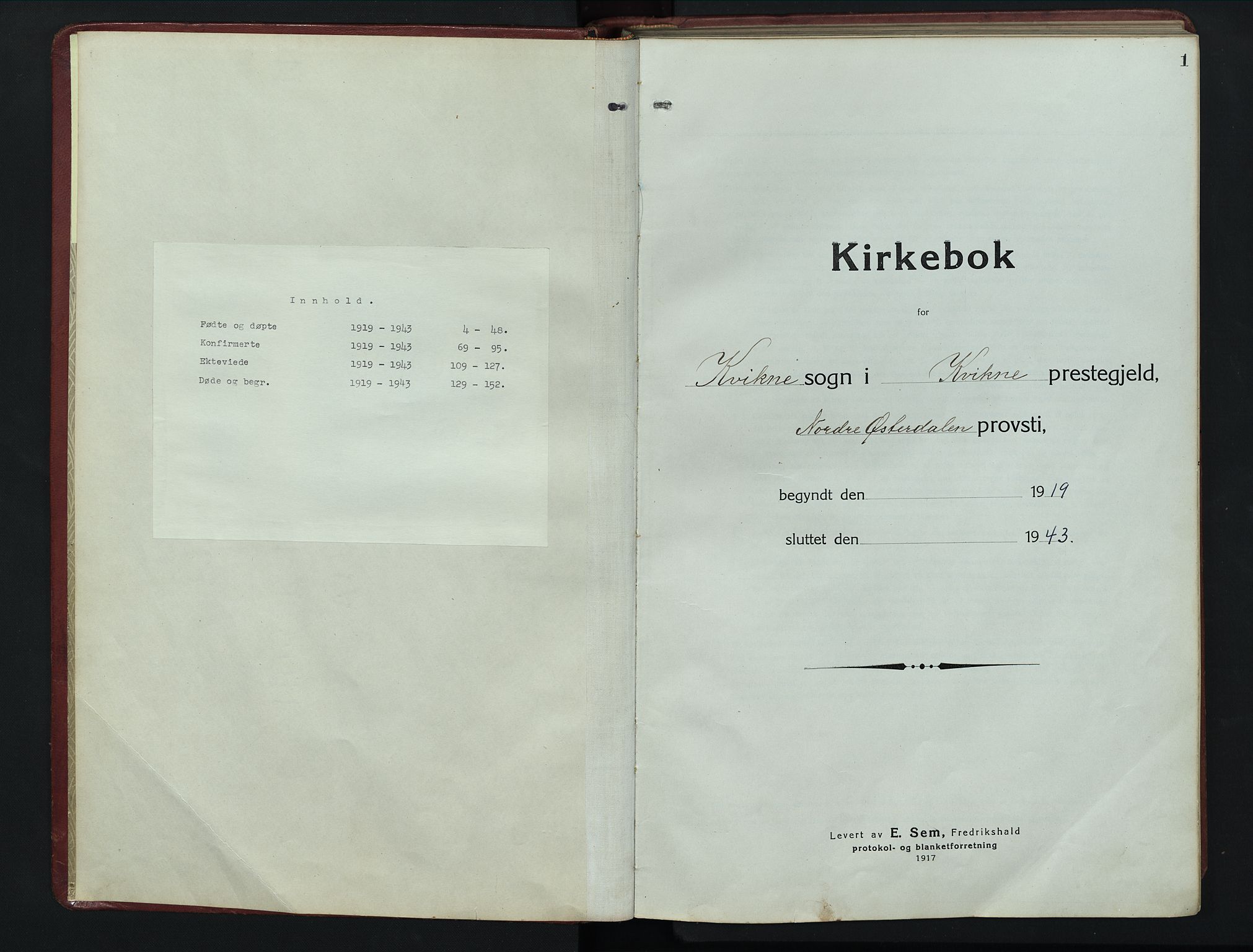 Kvikne prestekontor, SAH/PREST-064/H/Ha/Hab/L0005: Klokkerbok nr. 5, 1919-1943, s. 1