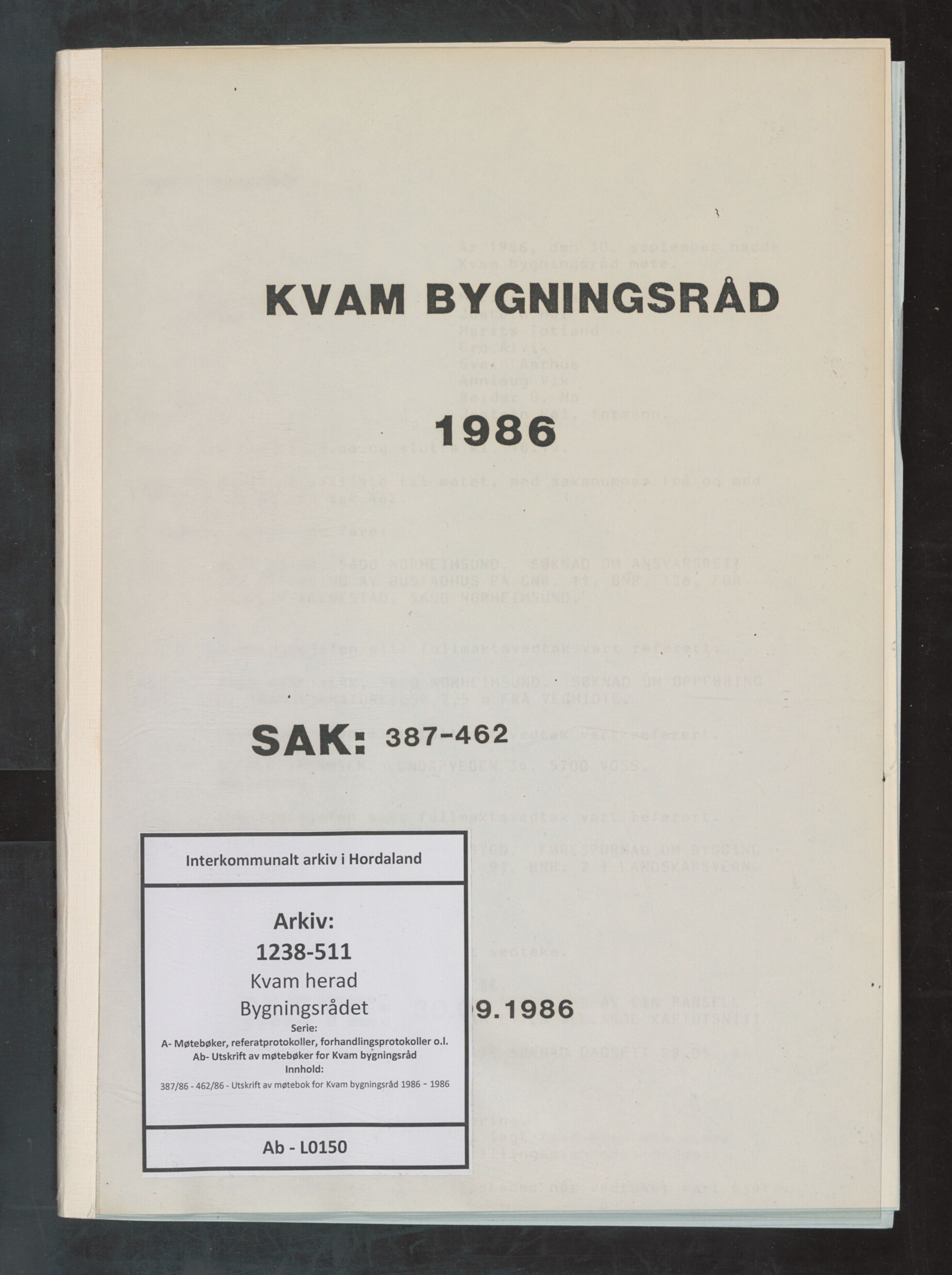 Kvam herad. Bygningsrådet, IKAH/1238-511/A/Ab/L0150: Utskrift av møtebok for Kvam bygningsråd, 1986