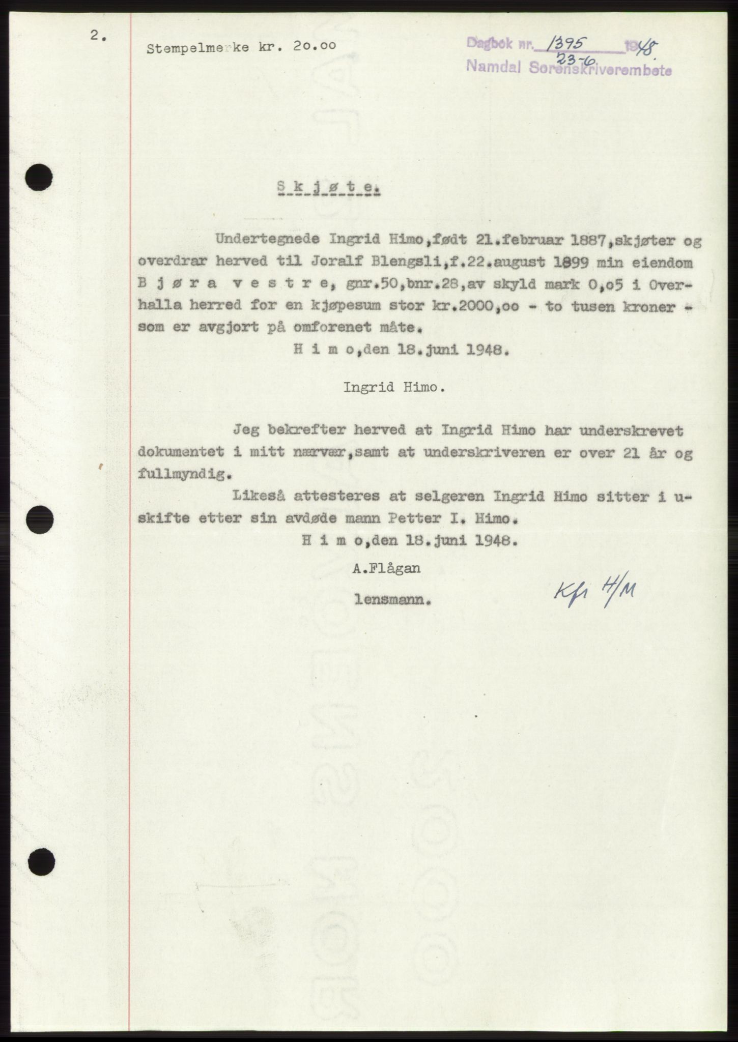 Namdal sorenskriveri, SAT/A-4133/1/2/2C: Pantebok nr. -, 1948-1948, Dagboknr: 1395/1948