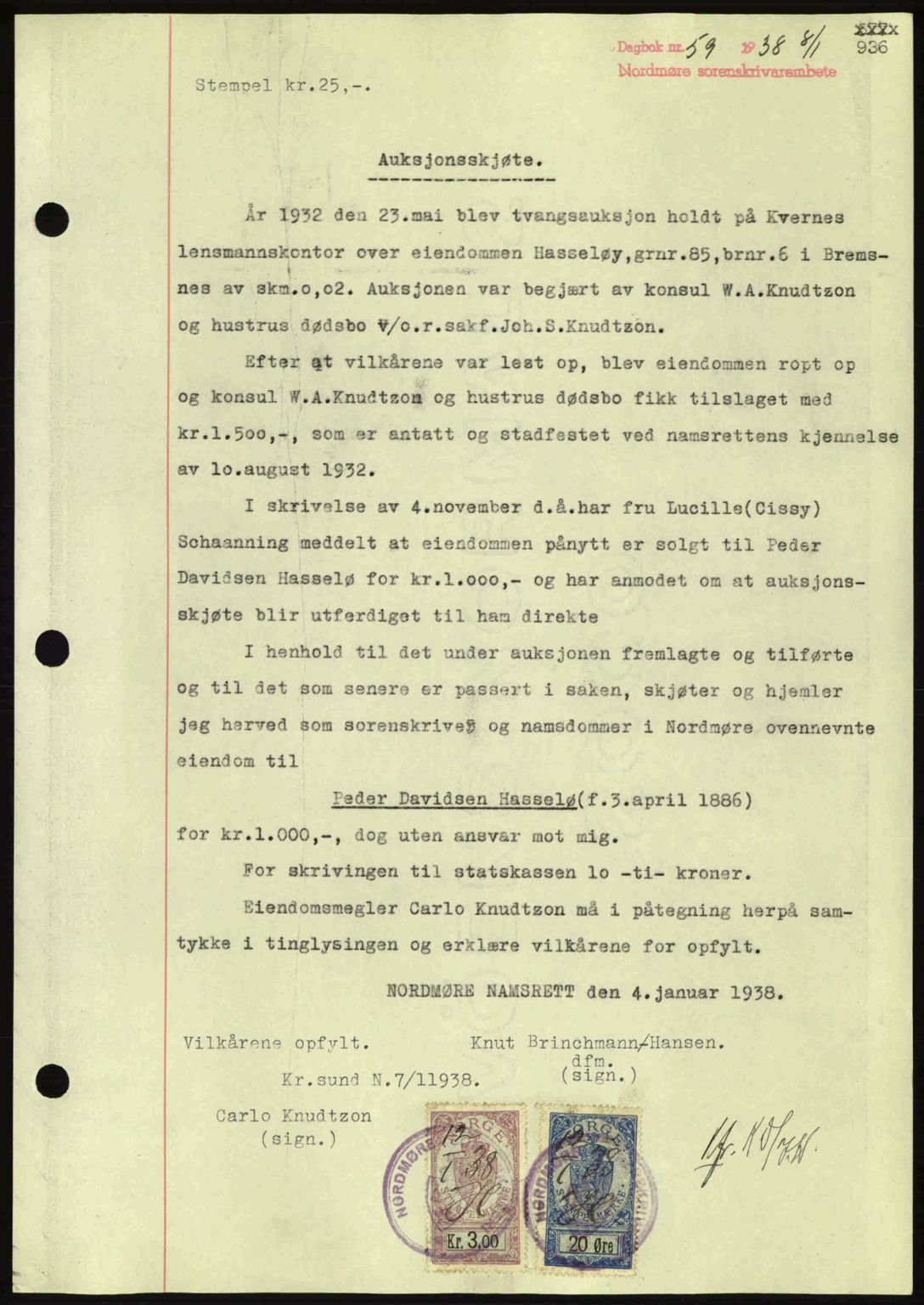 Nordmøre sorenskriveri, SAT/A-4132/1/2/2Ca: Pantebok nr. A82, 1937-1938, Dagboknr: 59/1938