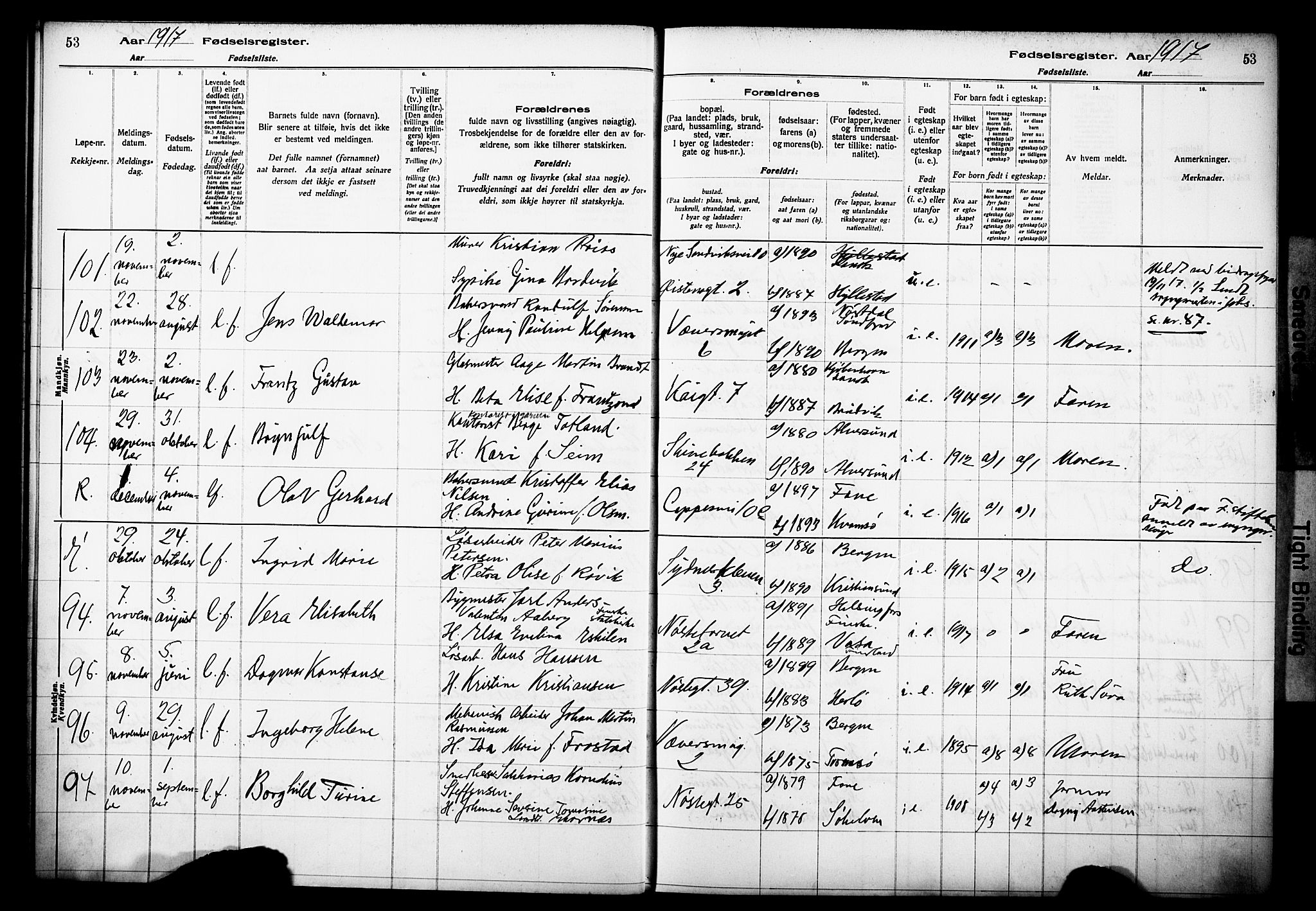 Domkirken sokneprestembete, AV/SAB-A-74801/I/Id/L00A1: Fødselsregister nr. A 1, 1916-1923, s. 53