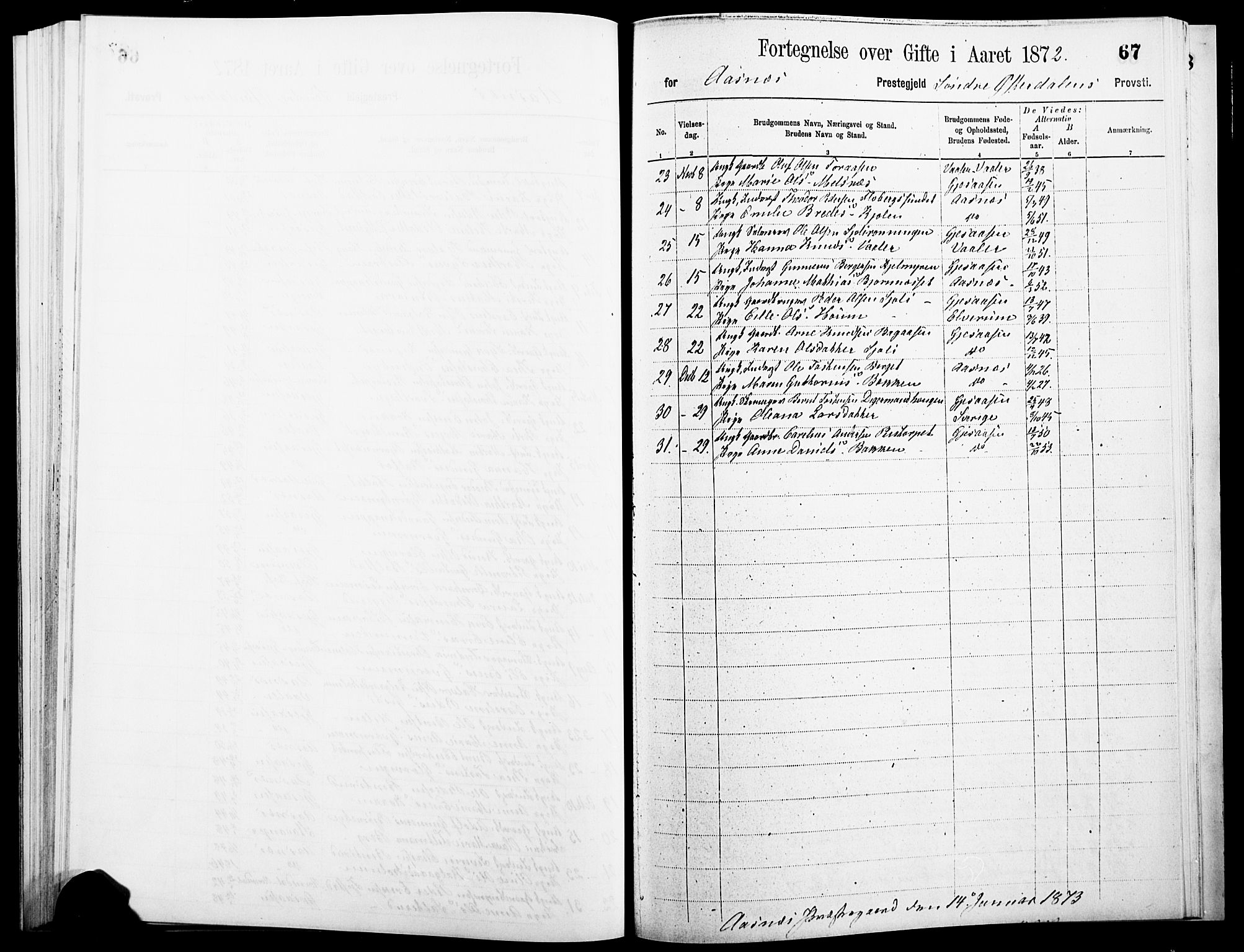 Åsnes prestekontor, SAH/PREST-042/H/Ha/Haa/L0000A: Ministerialbok, 1866-1872, s. 67