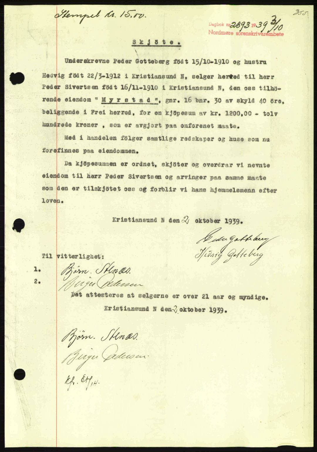 Nordmøre sorenskriveri, SAT/A-4132/1/2/2Ca: Pantebok nr. A87, 1939-1940, Dagboknr: 2893/1939