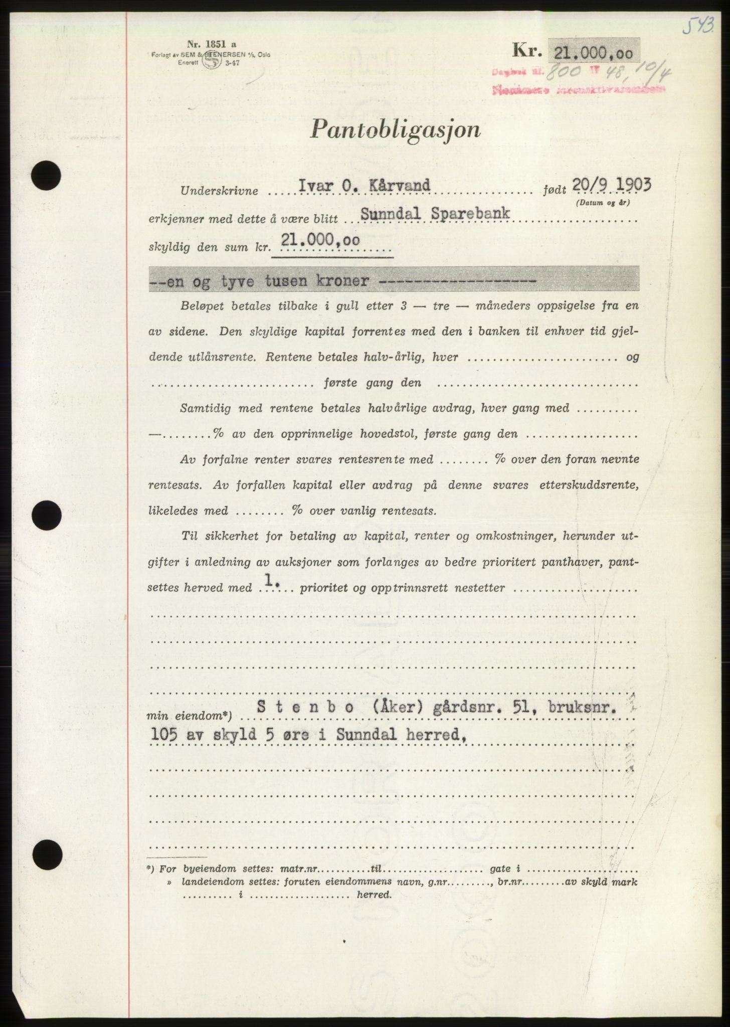 Nordmøre sorenskriveri, AV/SAT-A-4132/1/2/2Ca: Pantebok nr. B98, 1948-1948, Dagboknr: 800/1948