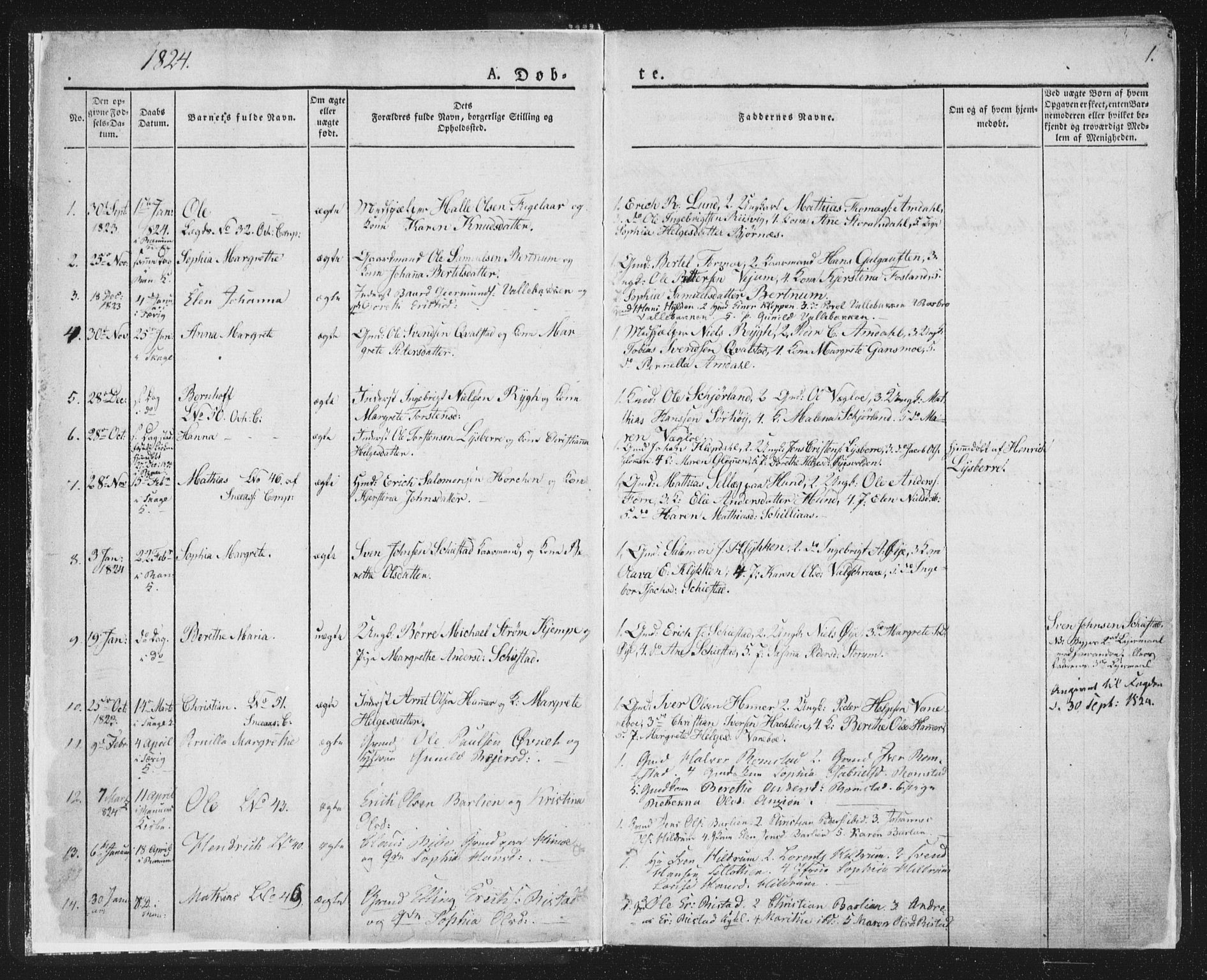 Ministerialprotokoller, klokkerbøker og fødselsregistre - Nord-Trøndelag, AV/SAT-A-1458/764/L0551: Ministerialbok nr. 764A07a, 1824-1864, s. 1