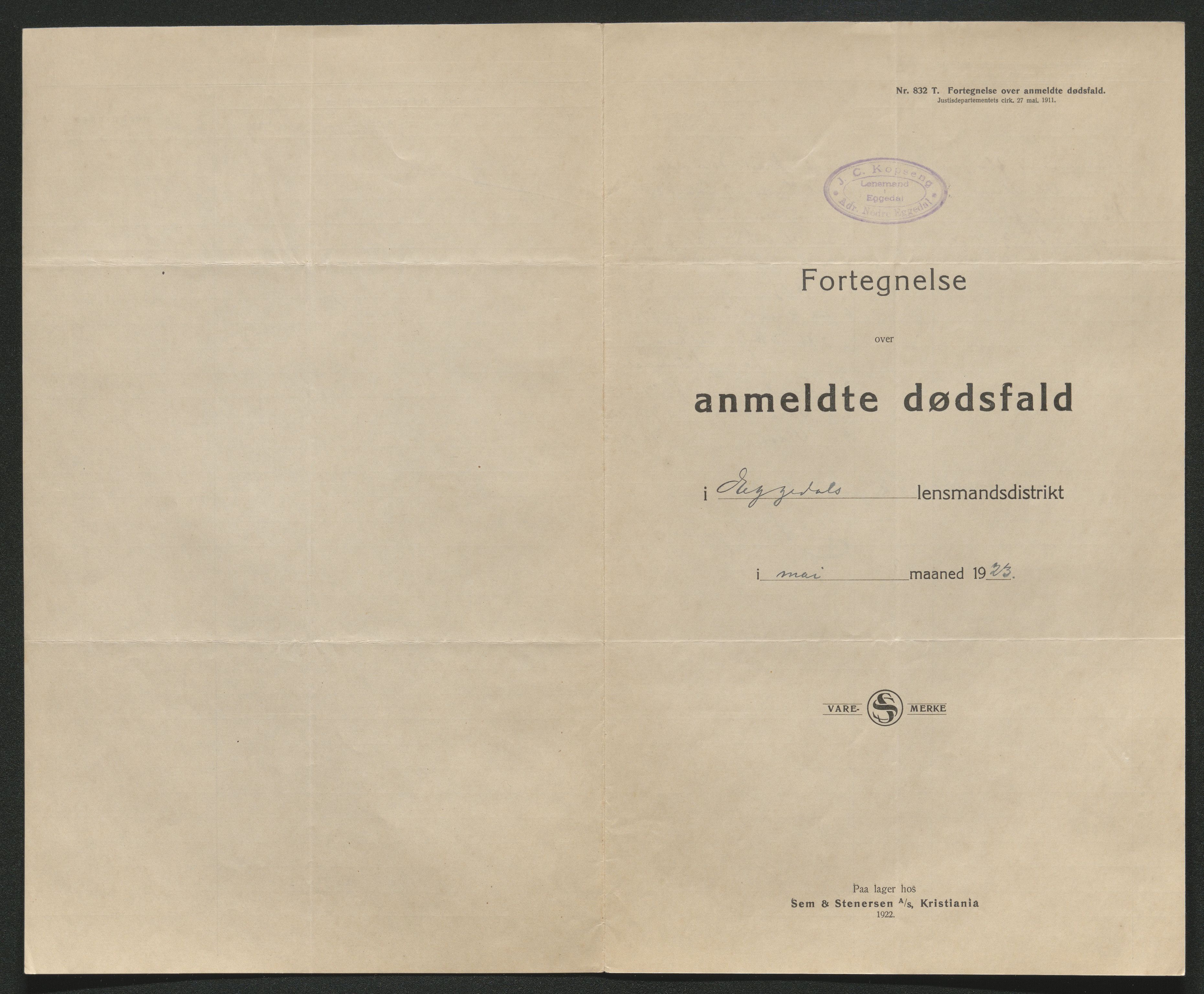 Eiker, Modum og Sigdal sorenskriveri, SAKO/A-123/H/Ha/Hab/L0041: Dødsfallsmeldinger, 1922-1923, s. 707