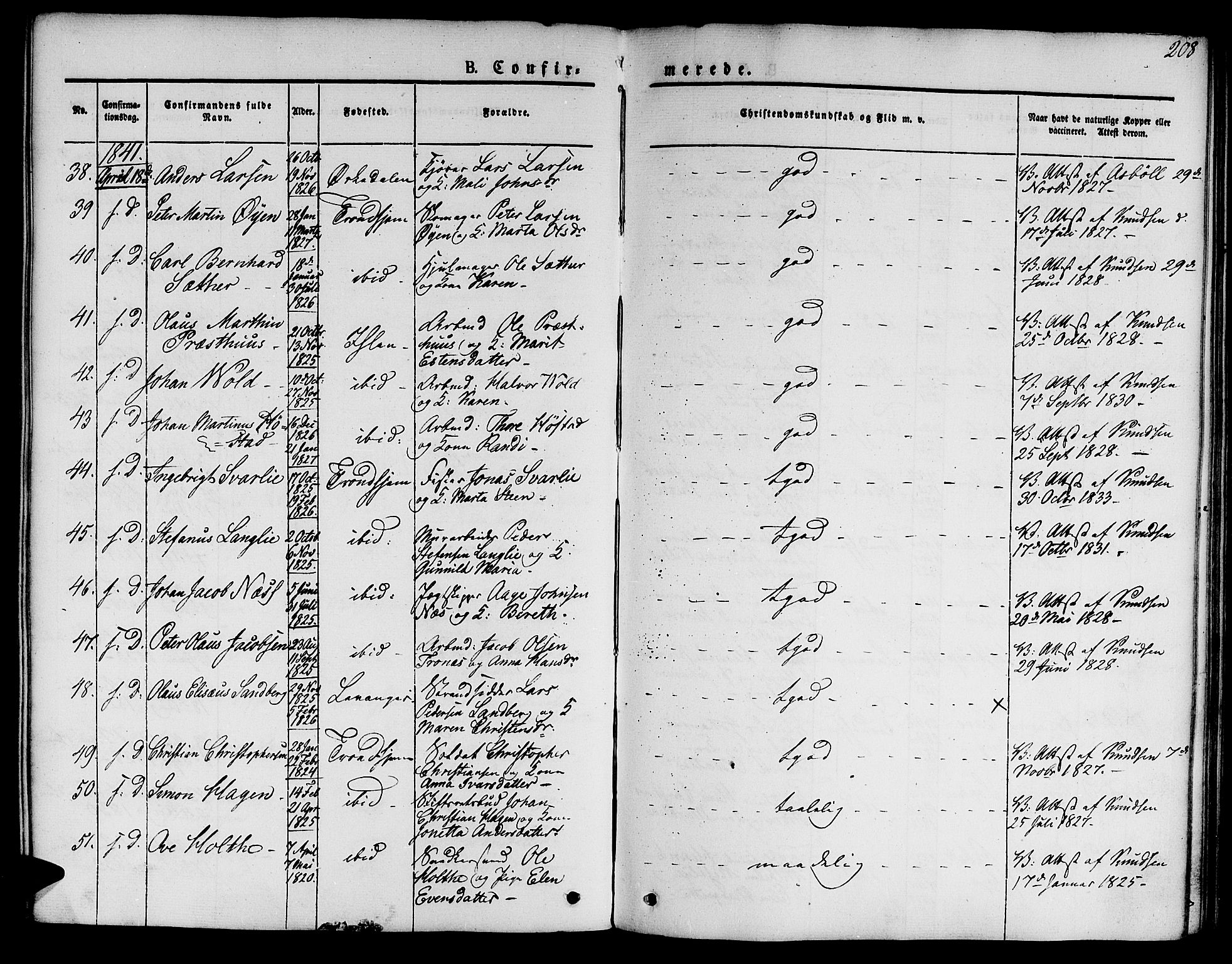 Ministerialprotokoller, klokkerbøker og fødselsregistre - Sør-Trøndelag, AV/SAT-A-1456/601/L0048: Ministerialbok nr. 601A16, 1840-1847, s. 208
