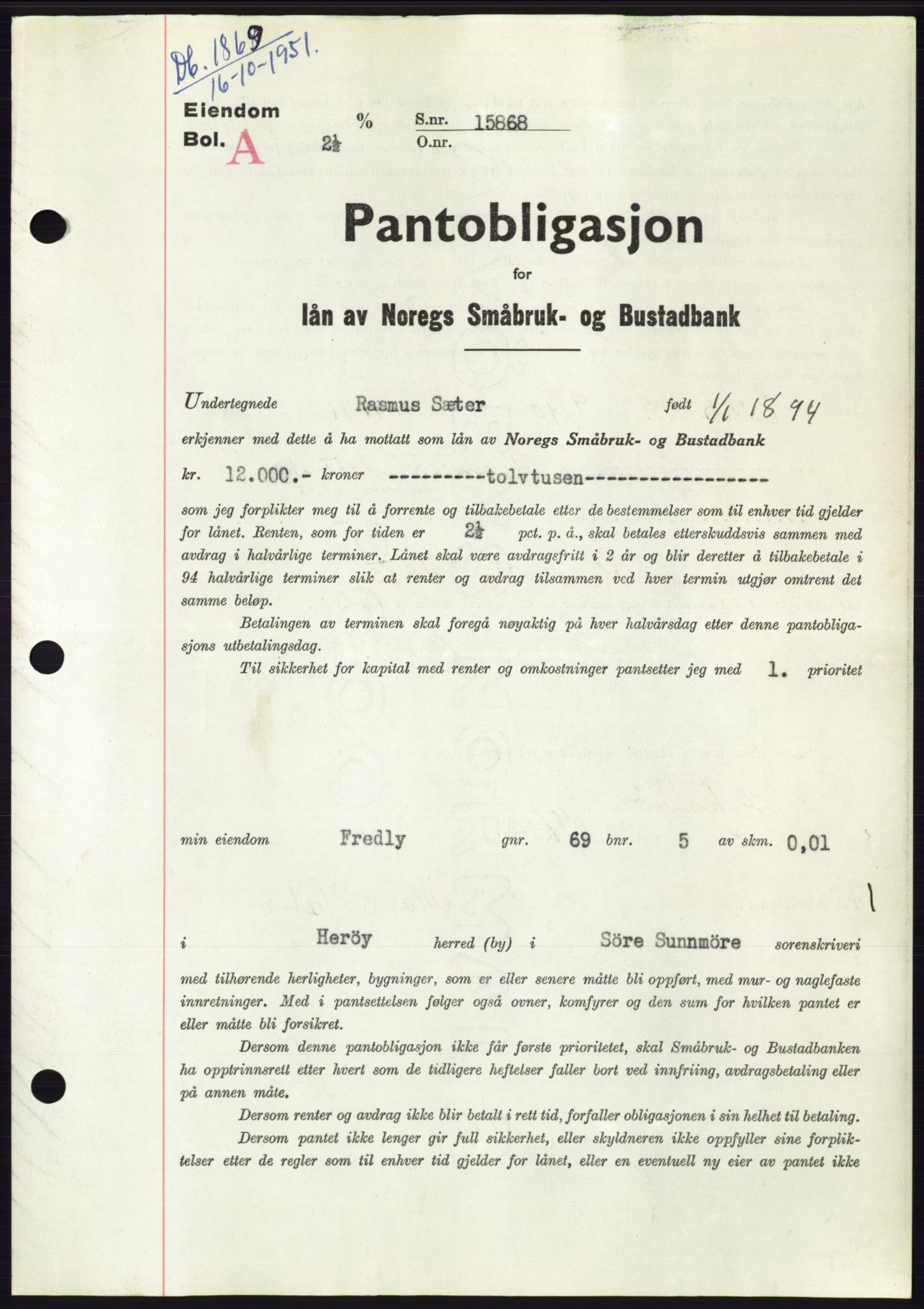 Søre Sunnmøre sorenskriveri, AV/SAT-A-4122/1/2/2C/L0120: Pantebok nr. 8B, 1951-1951, Dagboknr: 1869/1951