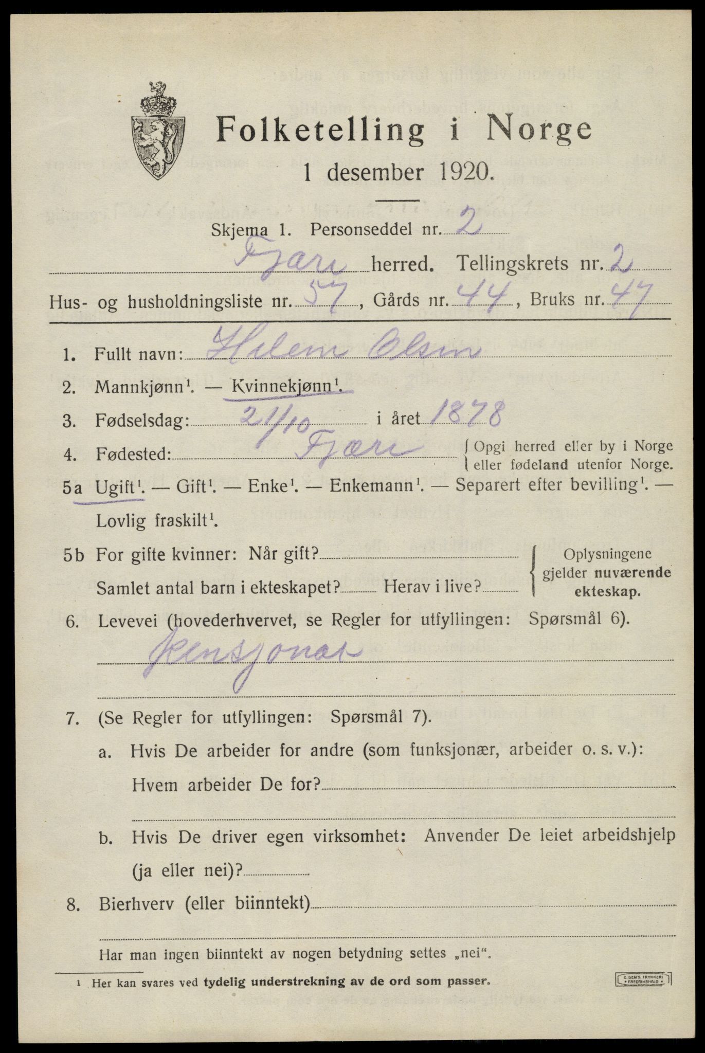 SAK, Folketelling 1920 for 0923 Fjære herred, 1920, s. 3889